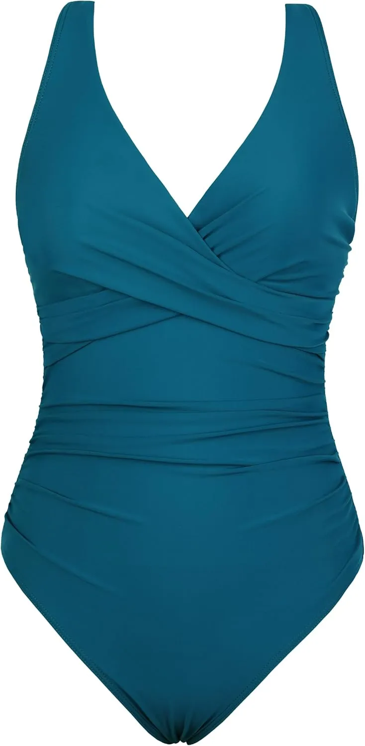 Mycoco Underwire Swimsuit for Women V Neck Bathing Suits with Adjustable Wide Straps Ruched Tummy Control One Piece Swimsuit