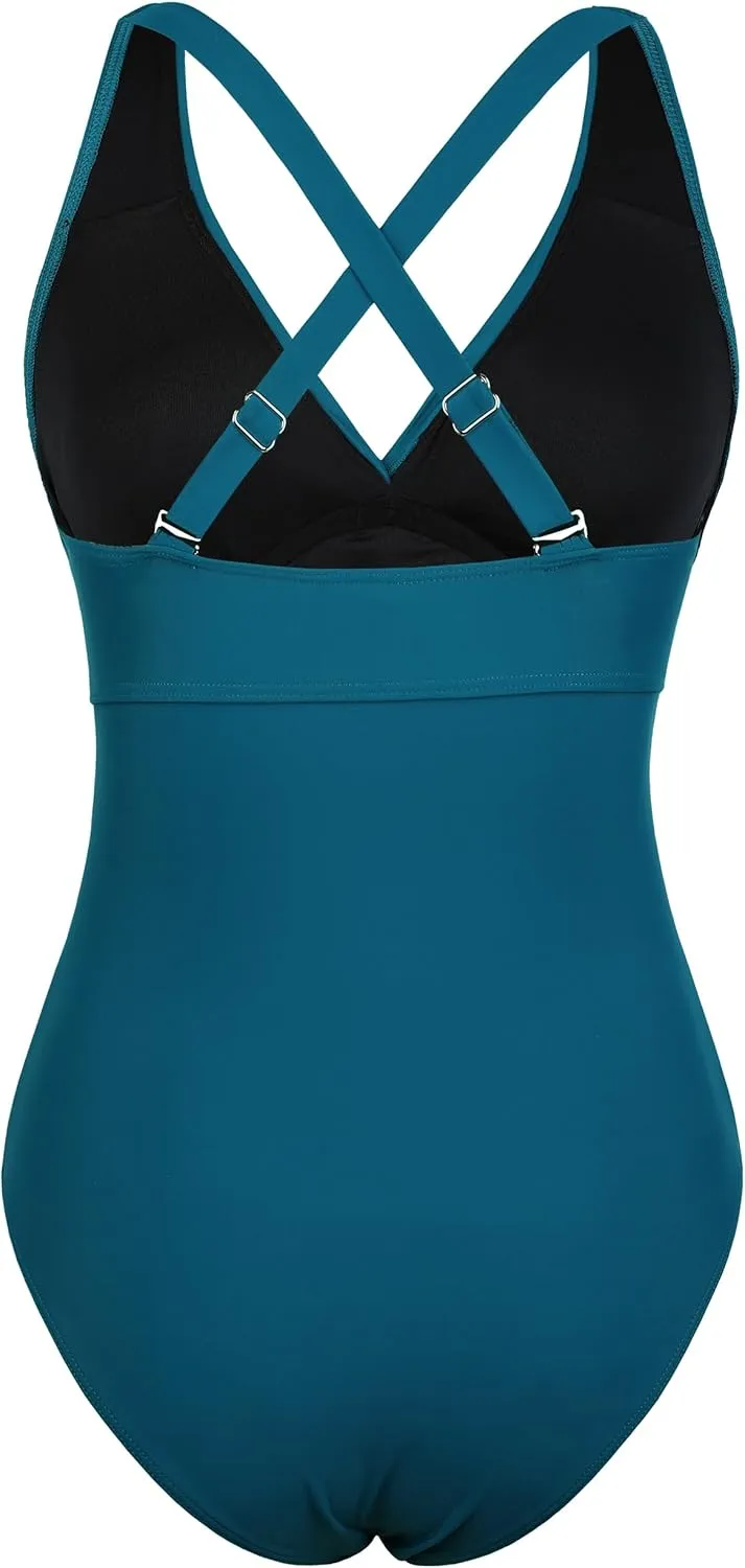 Mycoco Underwire Swimsuit for Women V Neck Bathing Suits with Adjustable Wide Straps Ruched Tummy Control One Piece Swimsuit
