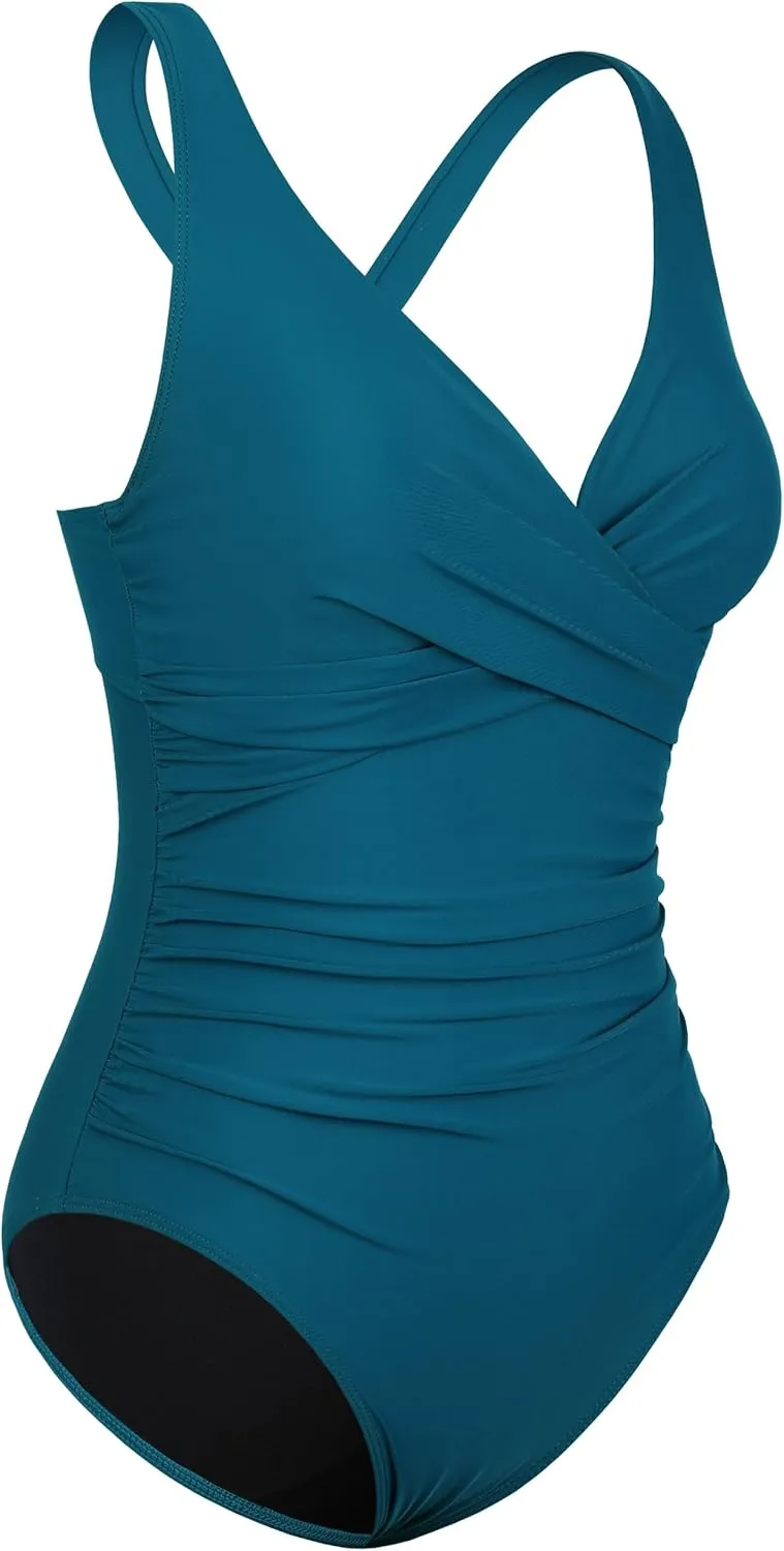 Mycoco Underwire Swimsuit for Women V Neck Bathing Suits with Adjustable Wide Straps Ruched Tummy Control One Piece Swimsuit