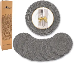 myHomeBody Round Braided Placemats, Woven Heat Resistant Table Placemats, Table Place Mats for Dining Tables, Under Plates Mats, Braided Edge, Gray with Silver Thread, Set of 8