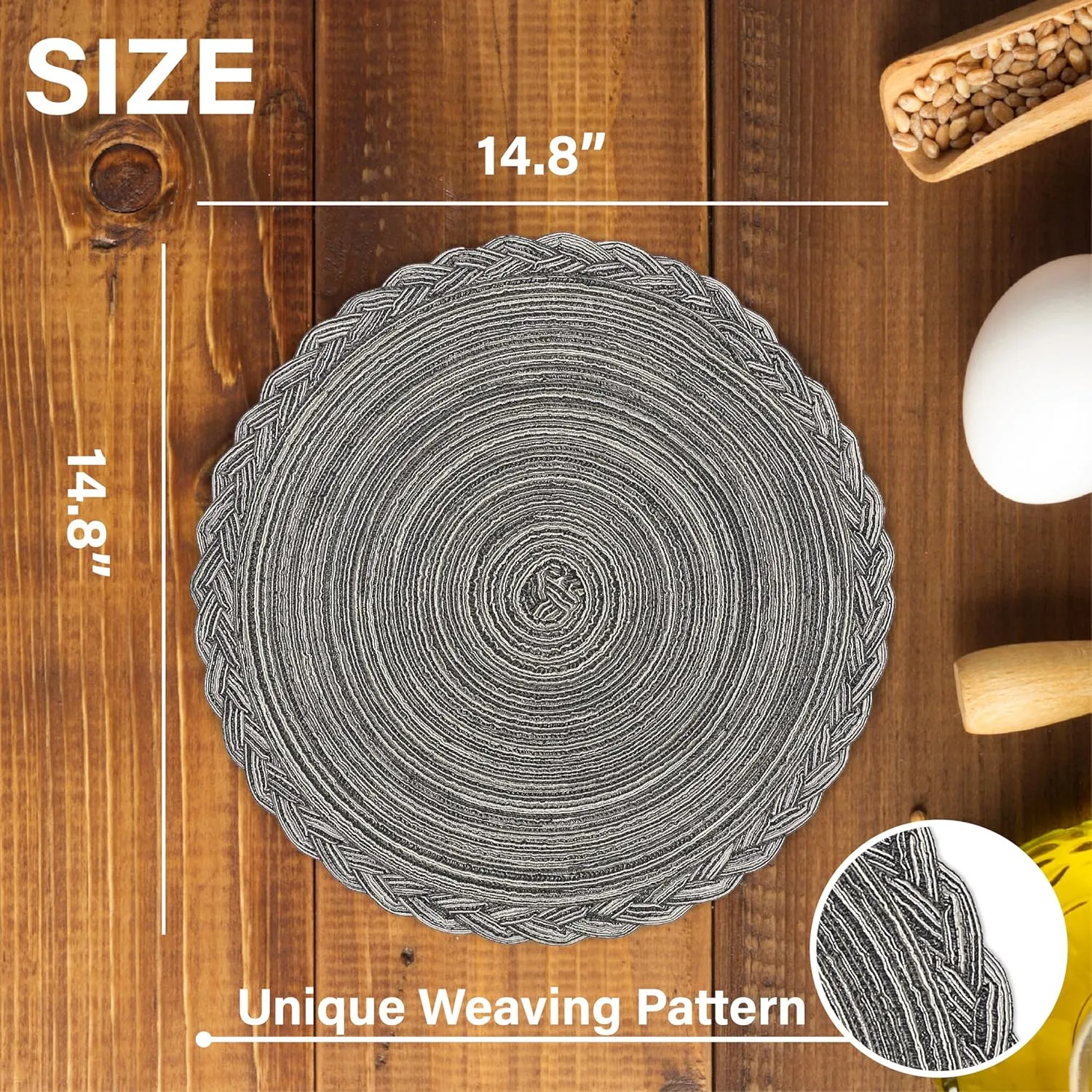 myHomeBody Round Braided Placemats, Woven Heat Resistant Table Placemats, Table Place Mats for Dining Tables, Under Plates Mats, Braided Edge, Gray with Silver Thread, Set of 8