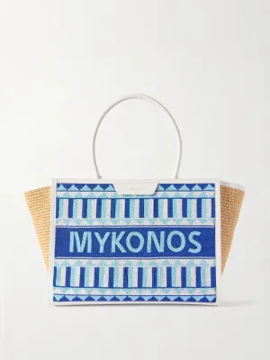 Mykonos leather-trimmed beaded raffia tote