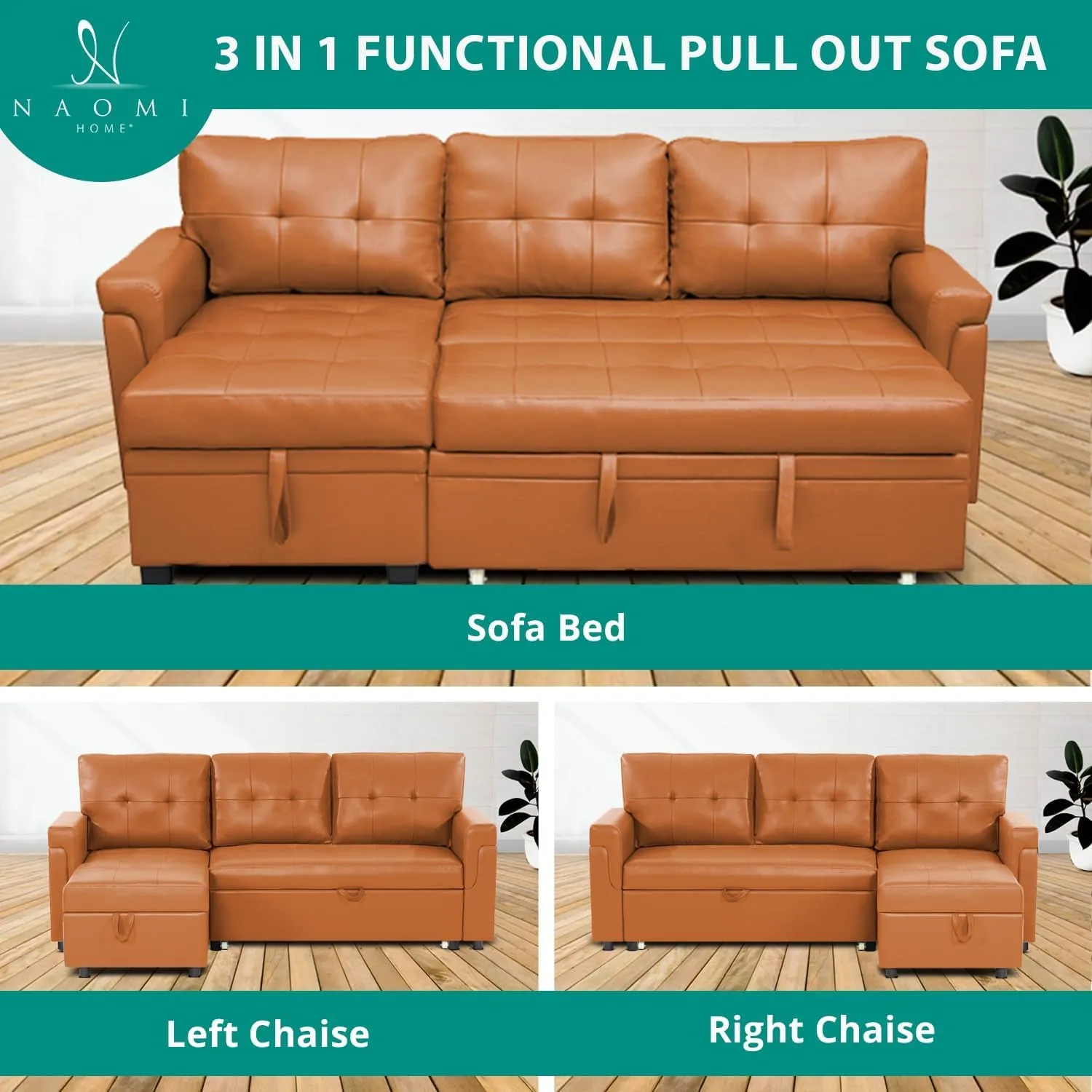 Naomi Home Jenny Sectional Sofa Sleeper with Storage Chaise, Tufted Pull Out Couch with Storage, Sectional Bed, L-Shaped Reversible Sleeper Sofa, Caramel,Air Leather