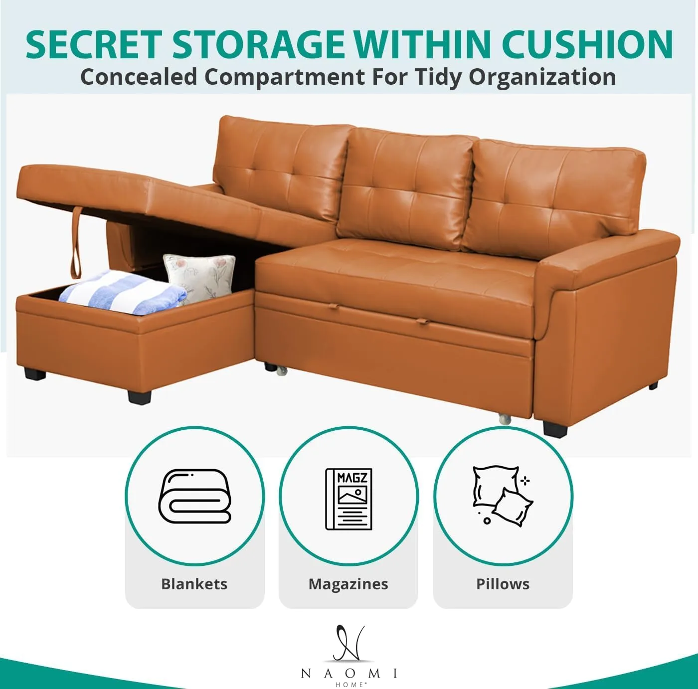 Naomi Home Jenny Sectional Sofa Sleeper with Storage Chaise, Tufted Pull Out Couch with Storage, Sectional Bed, L-Shaped Reversible Sleeper Sofa, Caramel,Air Leather