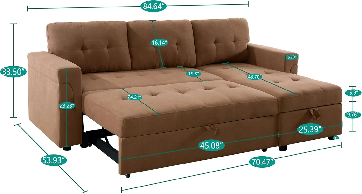 Naomi Home Jenny Sectional Sofa Sleeper with Storage Chaise, Tufted Pull Out Couch with Storage, Sectional Bed, L-Shaped Reversible Sleeper Sofa, Caramel,Air Leather