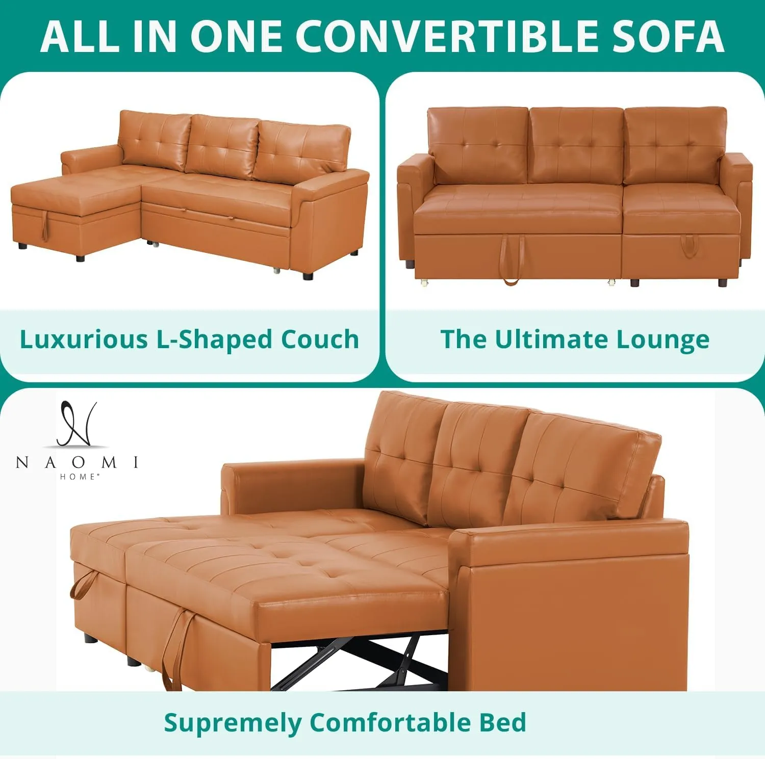 Naomi Home Jenny Sectional Sofa Sleeper with Storage Chaise, Tufted Pull Out Couch with Storage, Sectional Bed, L-Shaped Reversible Sleeper Sofa, Caramel,Air Leather