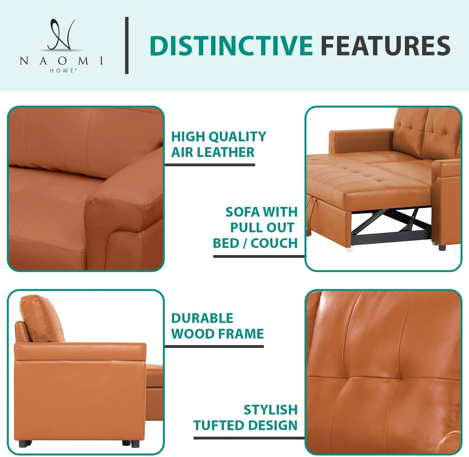 Naomi Home Jenny Sectional Sofa Sleeper with Storage Chaise, Tufted Pull Out Couch with Storage, Sectional Bed, L-Shaped Reversible Sleeper Sofa, Caramel,Air Leather