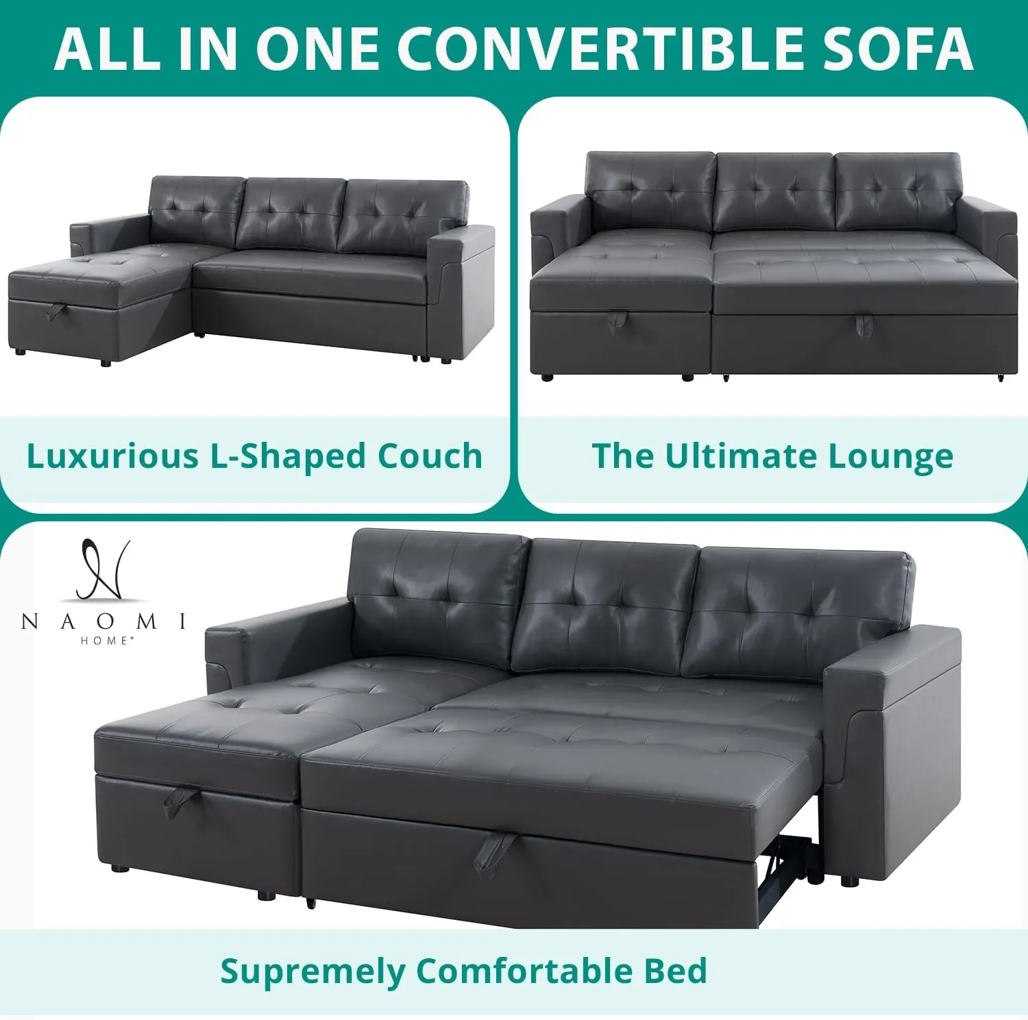 Naomi Home Jenny Sectional Sofa Sleeper with Storage Chaise, Tufted Pull Out Couch with Storage, Sectional Bed, L-Shaped Reversible Sleeper Sofa with, Dark Gray,Air Leather
