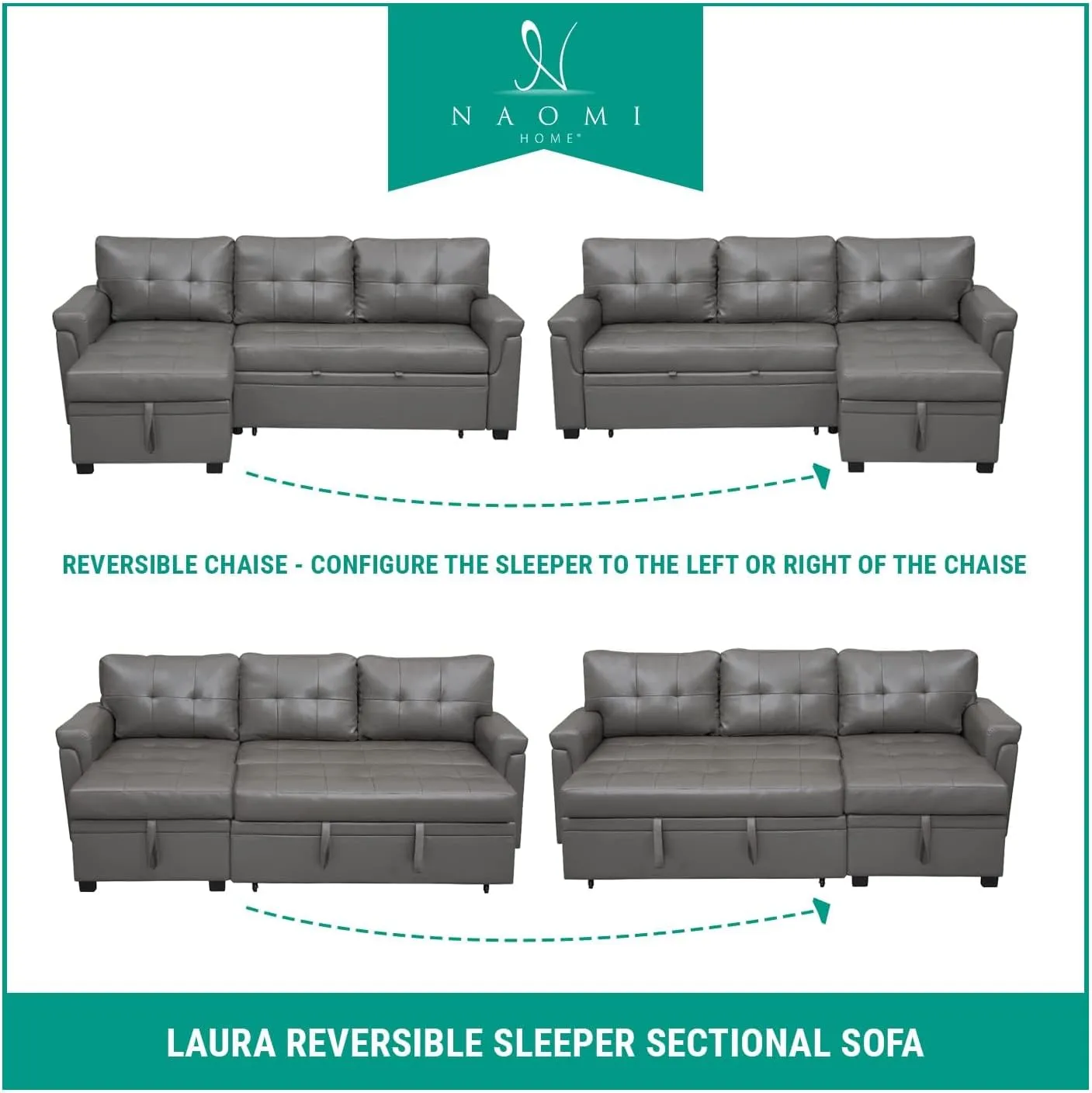 Naomi Home Jenny Sectional Sofa Sleeper with Storage Chaise, Tufted Pull Out Couch with Storage, Sectional Bed, L-Shaped Reversible Sleeper Sofa with, Dark Gray,Air Leather