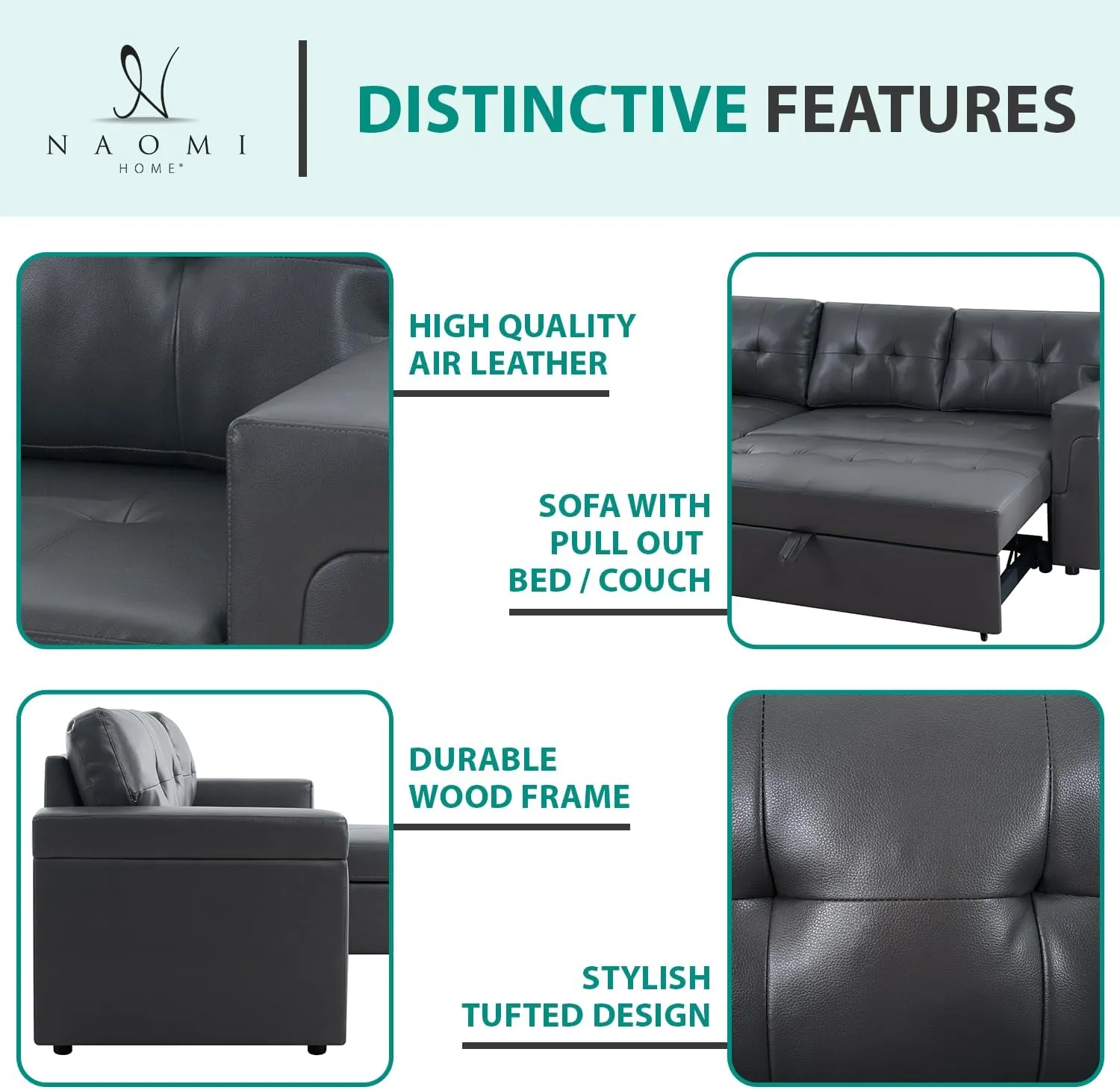 Naomi Home Jenny Sectional Sofa Sleeper with Storage Chaise, Tufted Pull Out Couch with Storage, Sectional Bed, L-Shaped Reversible Sleeper Sofa with, Dark Gray,Air Leather