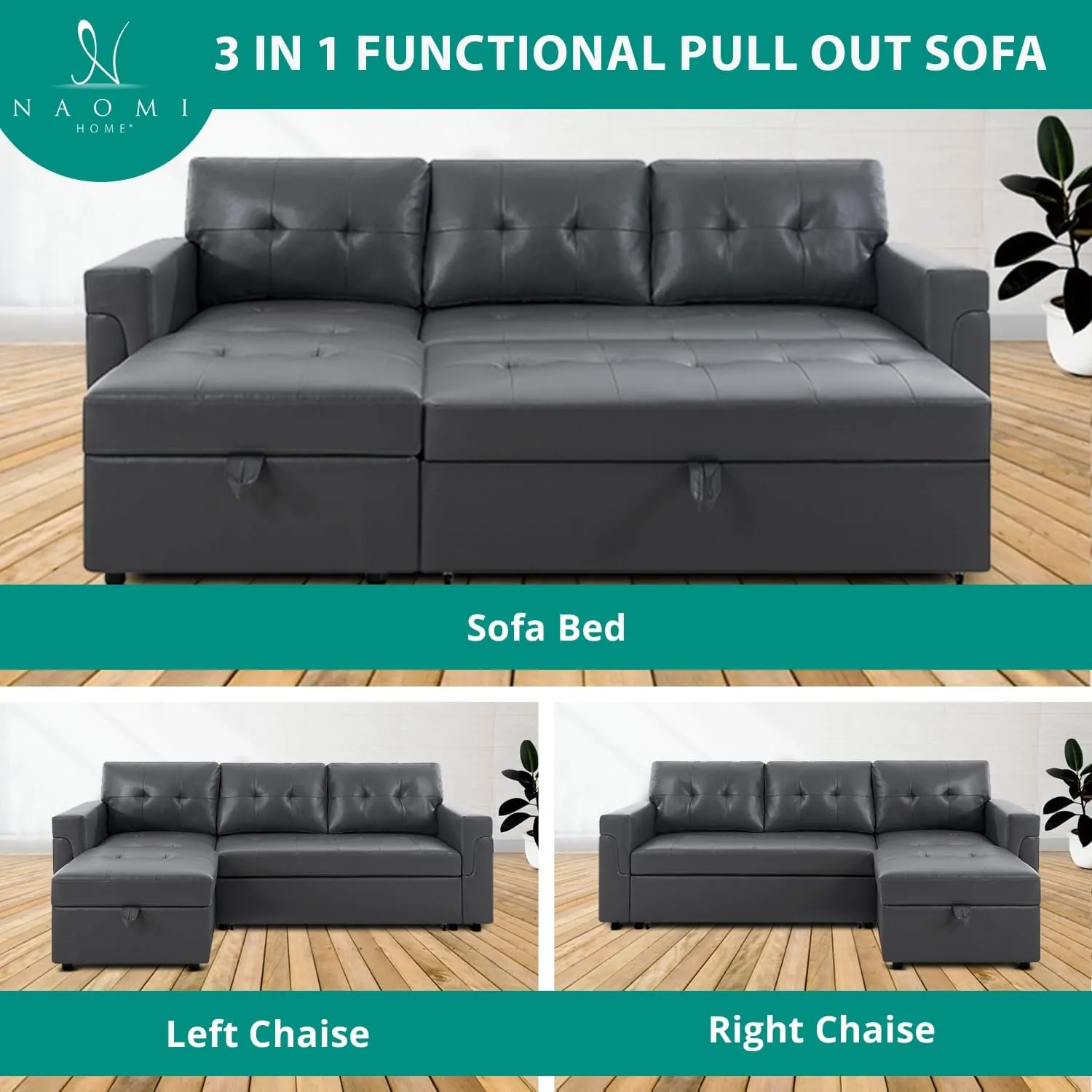 Naomi Home Jenny Sectional Sofa Sleeper with Storage Chaise, Tufted Pull Out Couch with Storage, Sectional Bed, L-Shaped Reversible Sleeper Sofa with, Dark Gray,Air Leather
