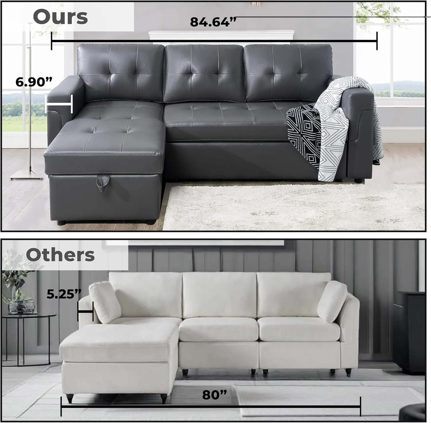 Naomi Home Jenny Sectional Sofa Sleeper with Storage Chaise, Tufted Pull Out Couch with Storage, Sectional Bed, L-Shaped Reversible Sleeper Sofa with, Dark Gray,Air Leather