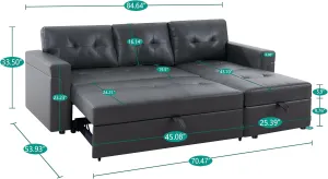 Naomi Home Jenny Sectional Sofa Sleeper with Storage Chaise, Tufted Pull Out Couch with Storage, Sectional Bed, L-Shaped Reversible Sleeper Sofa with, Dark Gray,Air Leather