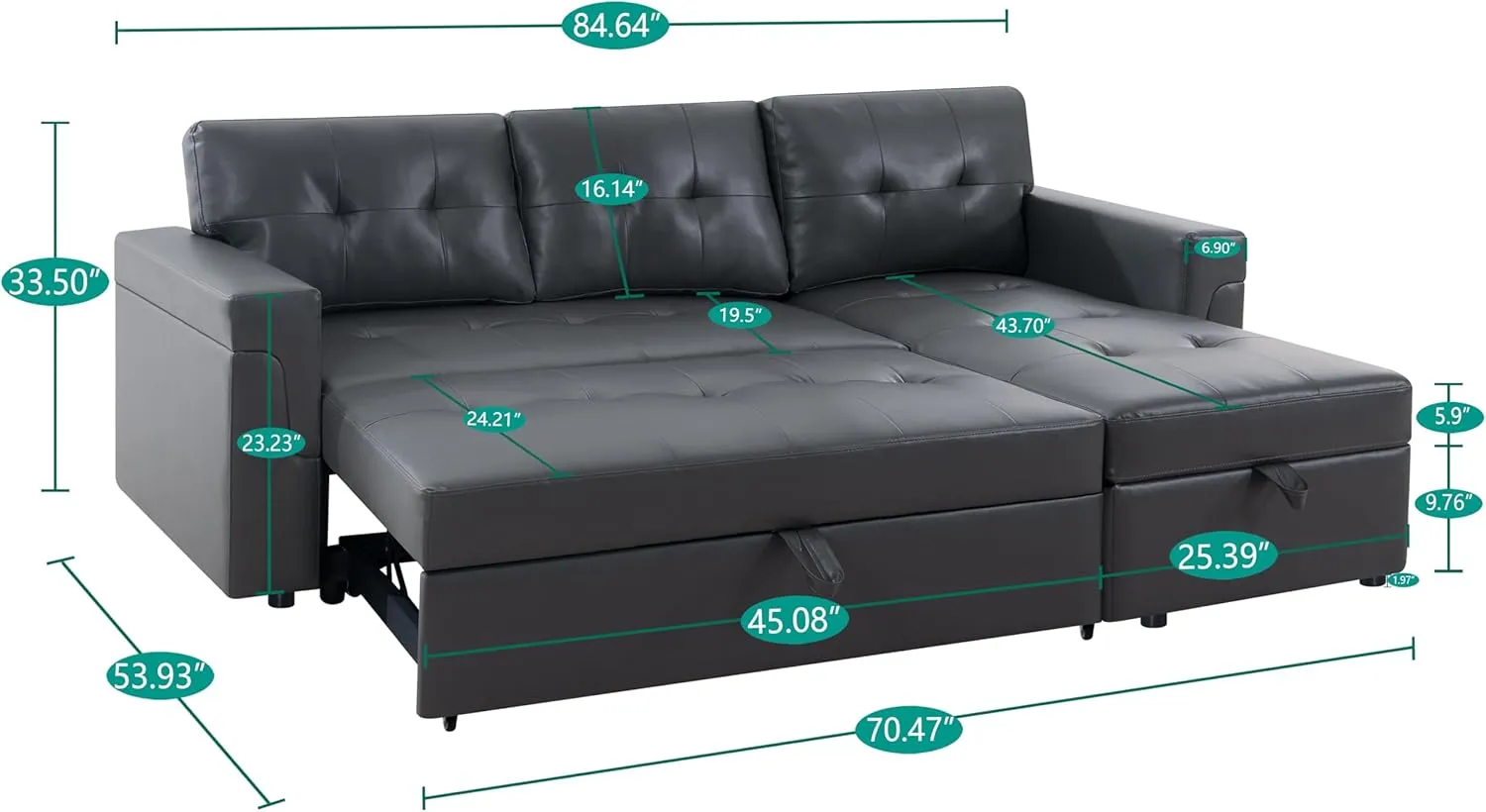 Naomi Home Jenny Sectional Sofa Sleeper with Storage Chaise, Tufted Pull Out Couch with Storage, Sectional Bed, L-Shaped Reversible Sleeper Sofa with, Dark Gray,Air Leather