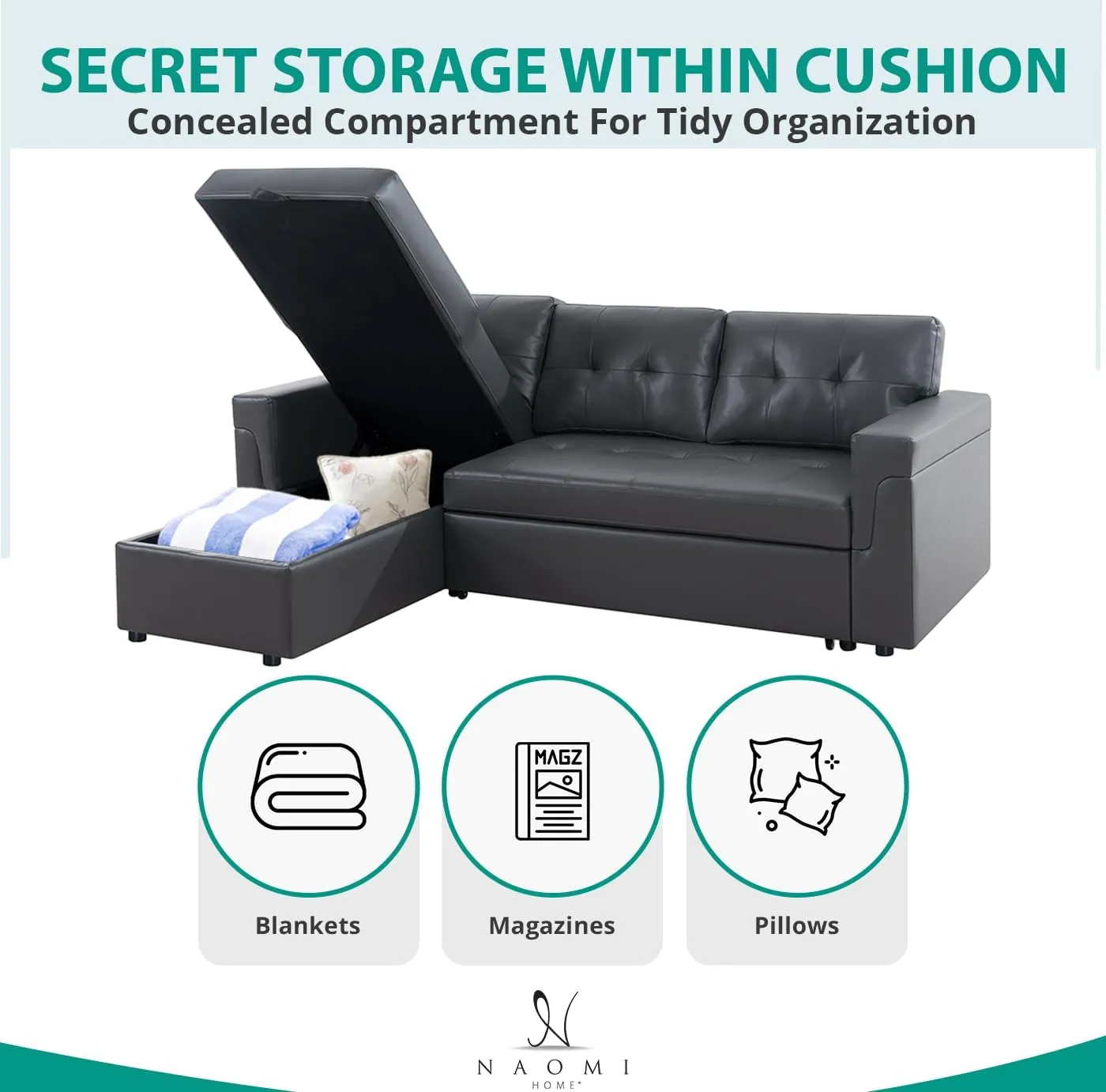 Naomi Home Jenny Sectional Sofa Sleeper with Storage Chaise, Tufted Pull Out Couch with Storage, Sectional Bed, L-Shaped Reversible Sleeper Sofa with, Dark Gray,Air Leather