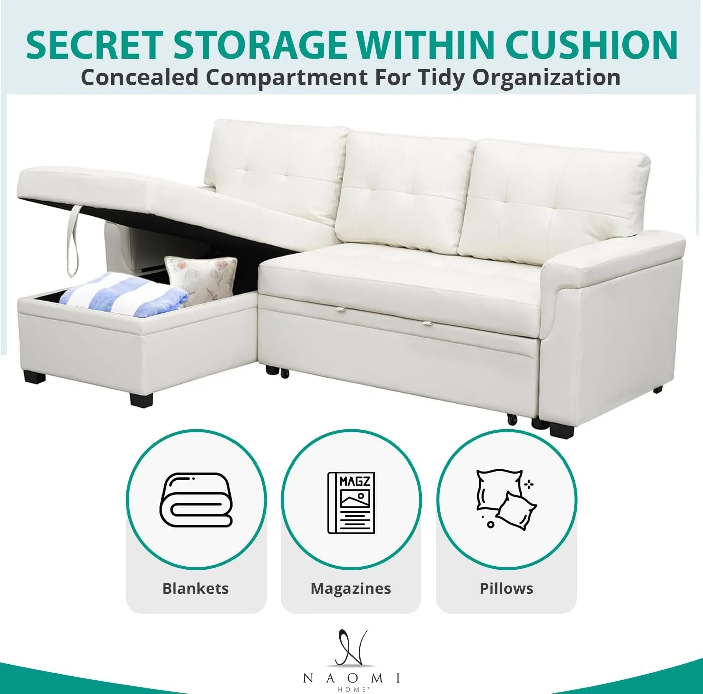Naomi Home Jenny Sectional Sofa Sleeper with Storage Chaise Tufted Pull Out Couch with Storage Sectional Sofa Bed L - Shaped Reversible Sleeper Storage White Air Leather