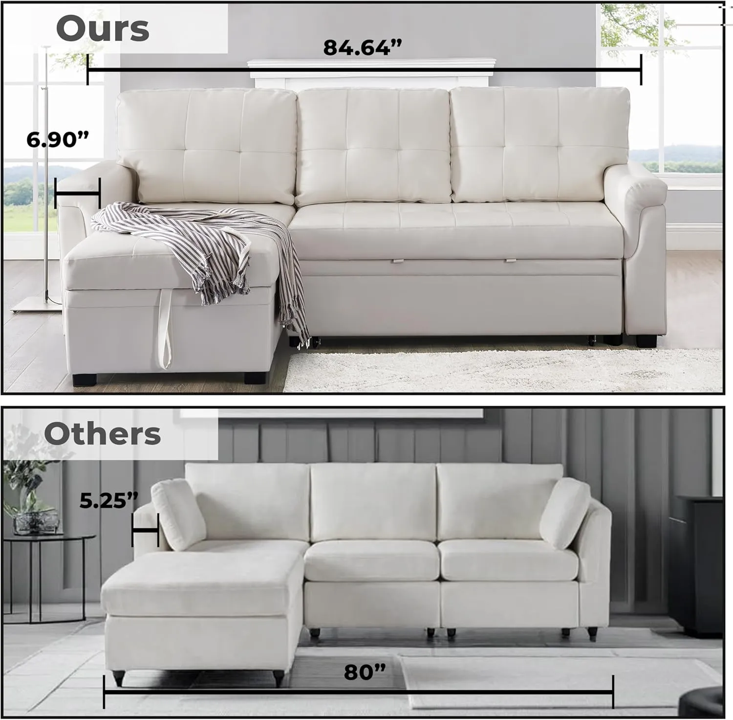 Naomi Home Jenny Sectional Sofa Sleeper with Storage Chaise Tufted Pull Out Couch with Storage Sectional Sofa Bed L - Shaped Reversible Sleeper Storage White Air Leather
