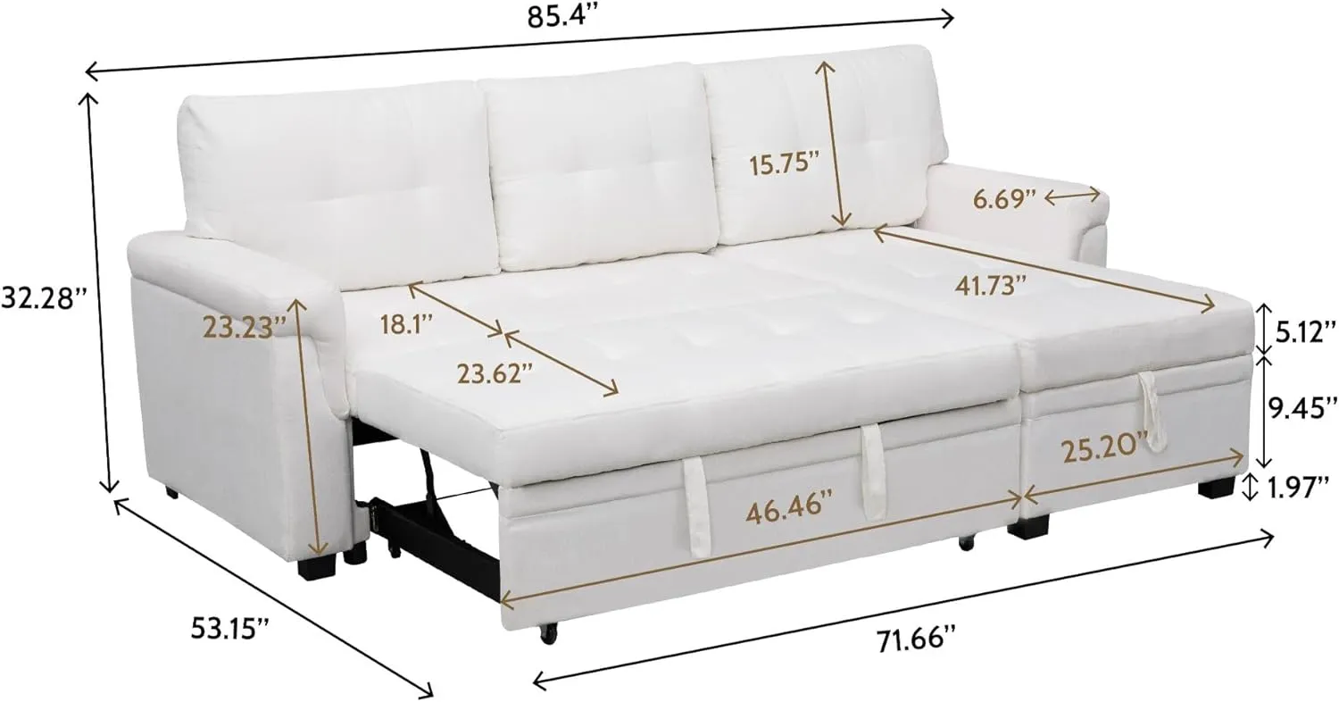 Naomi Home Jenny Sectional Sofa Sleeper with Storage Chaise Tufted Pull Out Couch with Storage Sectional Sofa Bed L - Shaped Reversible Sleeper Storage White Air Leather