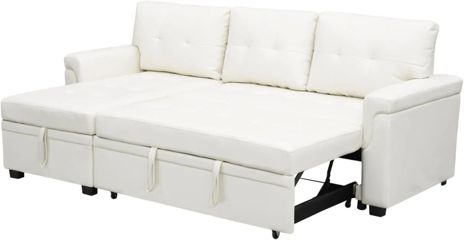 Naomi Home Jenny Sectional Sofa Sleeper with Storage Chaise Tufted Pull Out Couch with Storage Sectional Sofa Bed L - Shaped Reversible Sleeper Storage White Air Leather