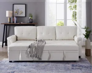 Naomi Home Jenny Sectional Sofa Sleeper with Storage Chaise Tufted Pull Out Couch with Storage Sectional Sofa Bed L - Shaped Reversible Sleeper Storage White Air Leather