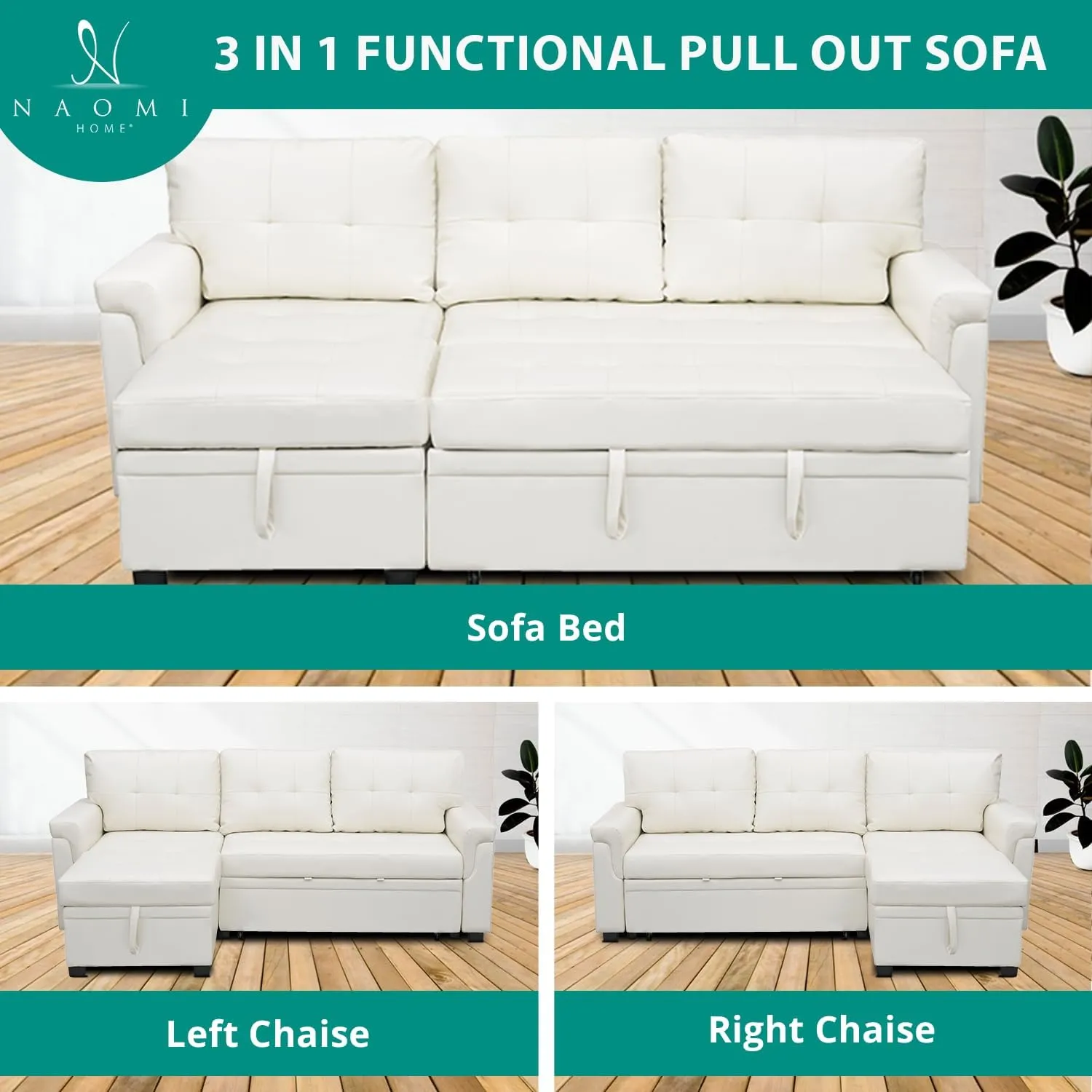 Naomi Home Jenny Sectional Sofa Sleeper with Storage Chaise Tufted Pull Out Couch with Storage Sectional Sofa Bed L - Shaped Reversible Sleeper Storage White Air Leather