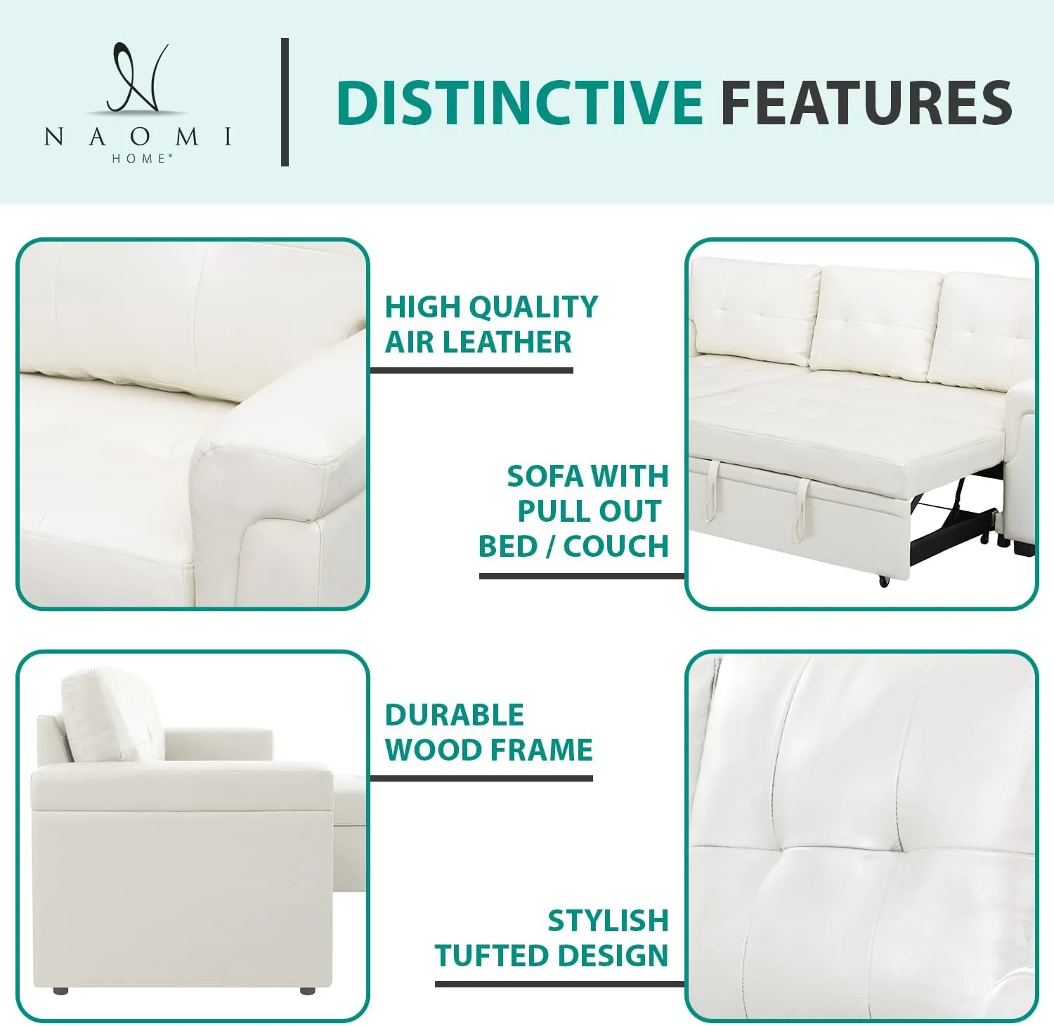 Naomi Home Jenny Sectional Sofa Sleeper with Storage Chaise Tufted Pull Out Couch with Storage Sectional Sofa Bed L - Shaped Reversible Sleeper Storage White Air Leather