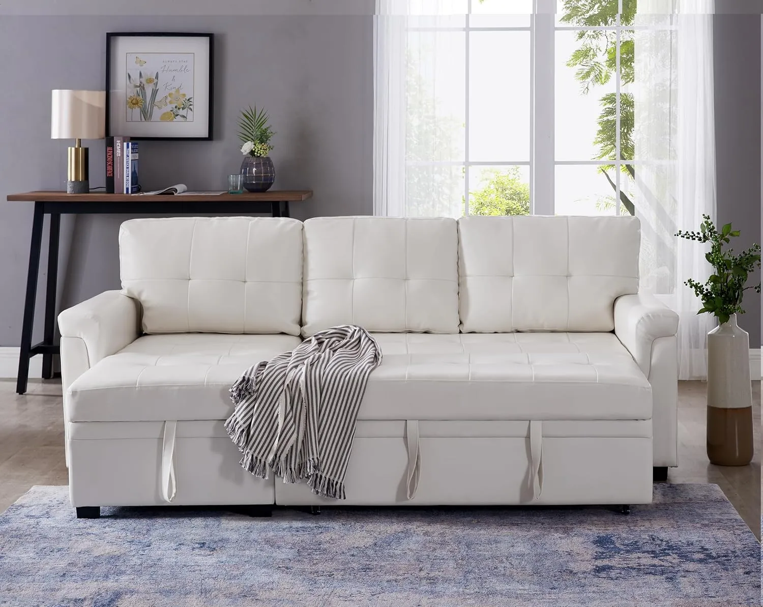 Naomi Home Jenny Sectional Sofa Sleeper with Storage Chaise Tufted Pull Out Couch with Storage Sectional Sofa Bed L - Shaped Reversible Sleeper Storage White Air Leather