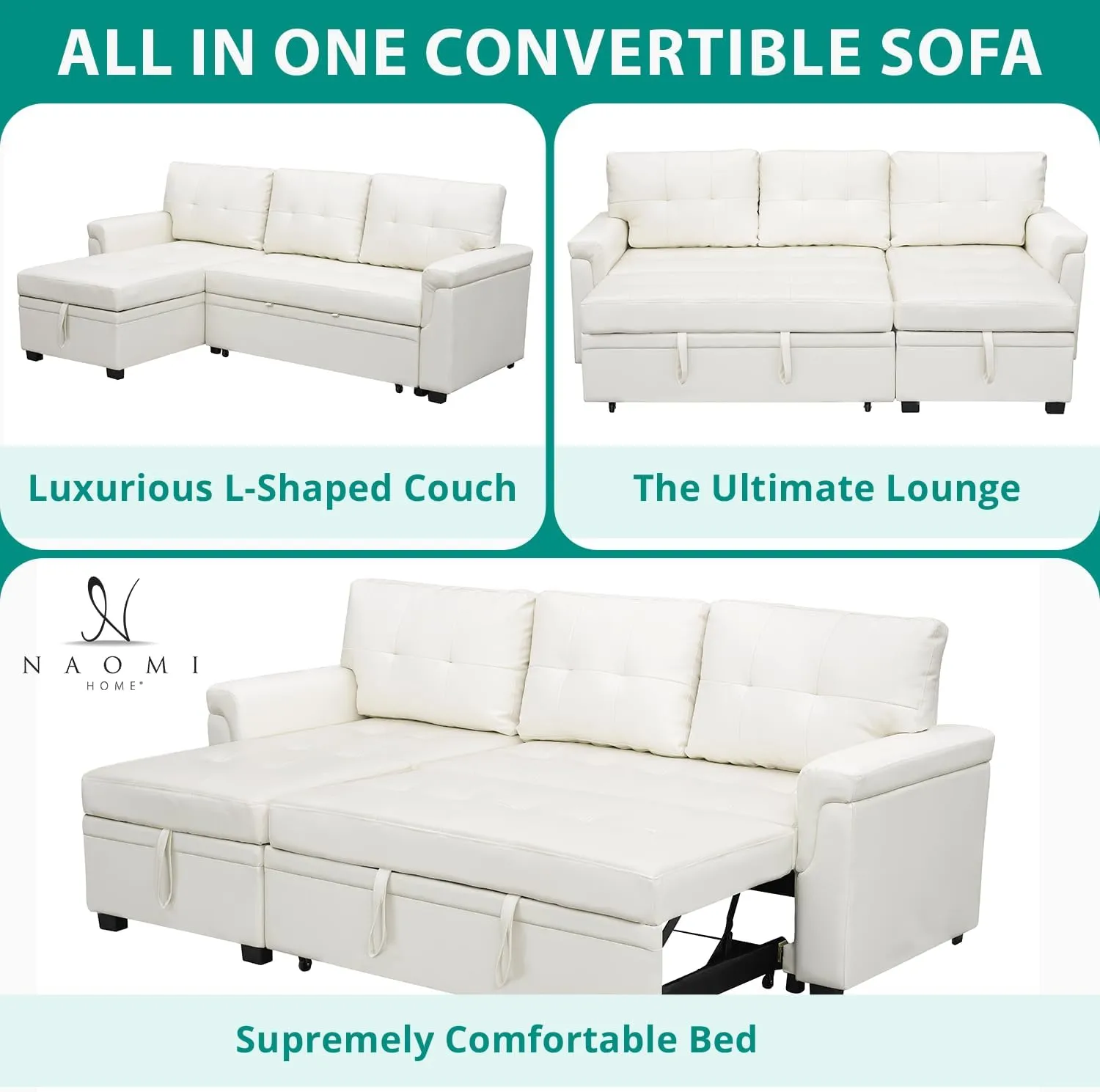 Naomi Home Jenny Sectional Sofa Sleeper with Storage Chaise Tufted Pull Out Couch with Storage Sectional Sofa Bed L - Shaped Reversible Sleeper Storage White Air Leather