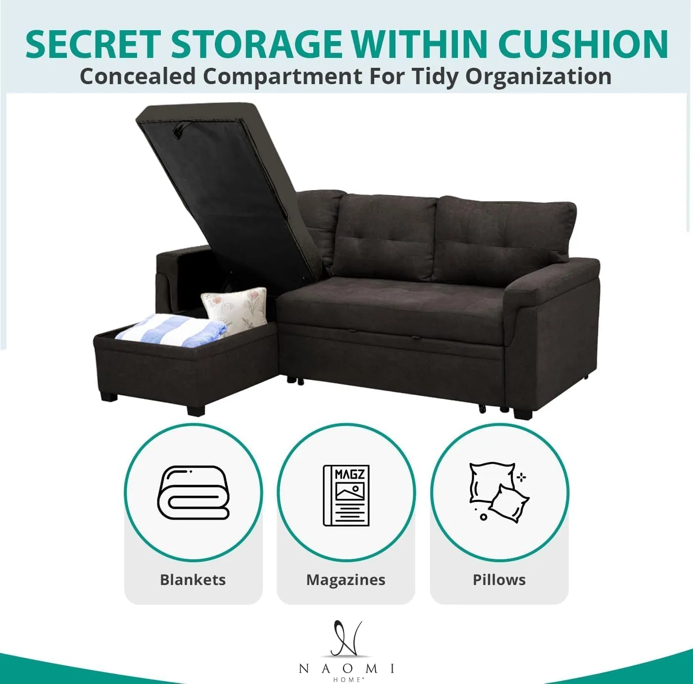 Naomi Home Jenny Tufted Sectional Sofa Sleeper with Storage Chaise Pull - Out Couch with Storage Sectional Bed L - Shaped Reversible Sleeper Sofa Storage Dark Brown Velvet