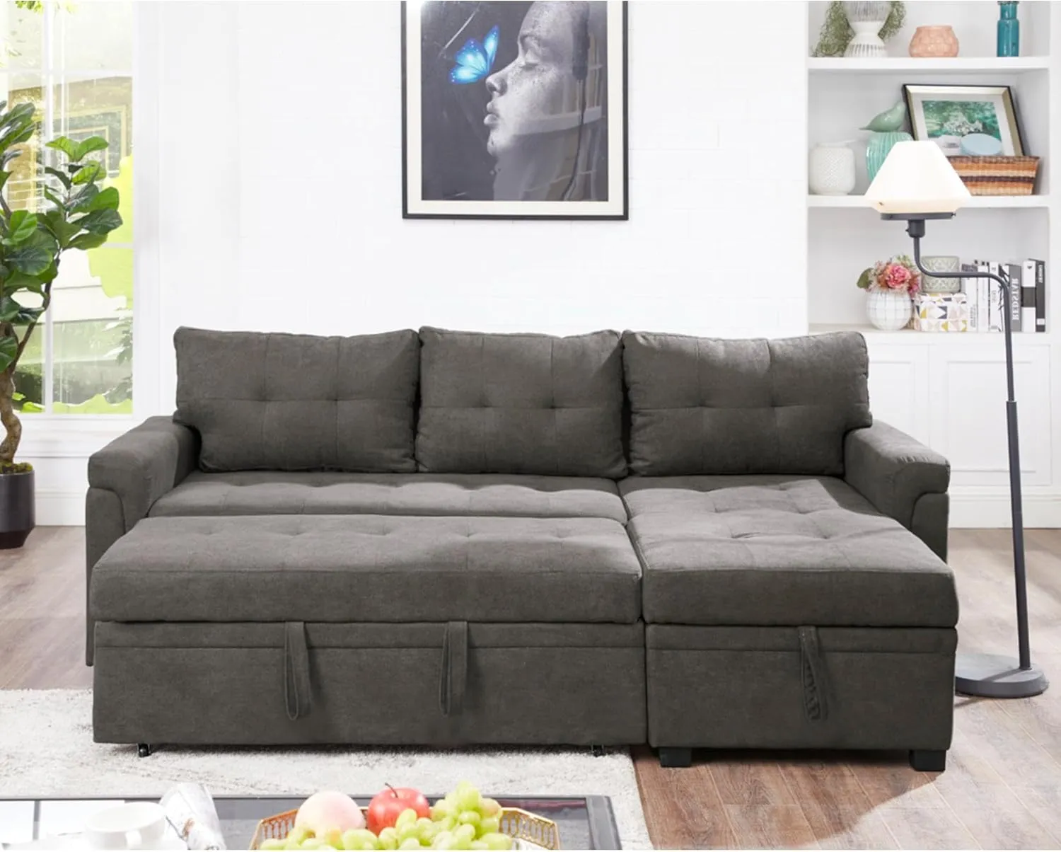 Naomi Home Jenny Tufted Sectional Sofa Sleeper with Storage Chaise Pull - Out Couch with Storage Sectional Bed L - Shaped Reversible Sleeper Sofa Storage Dark Brown Velvet