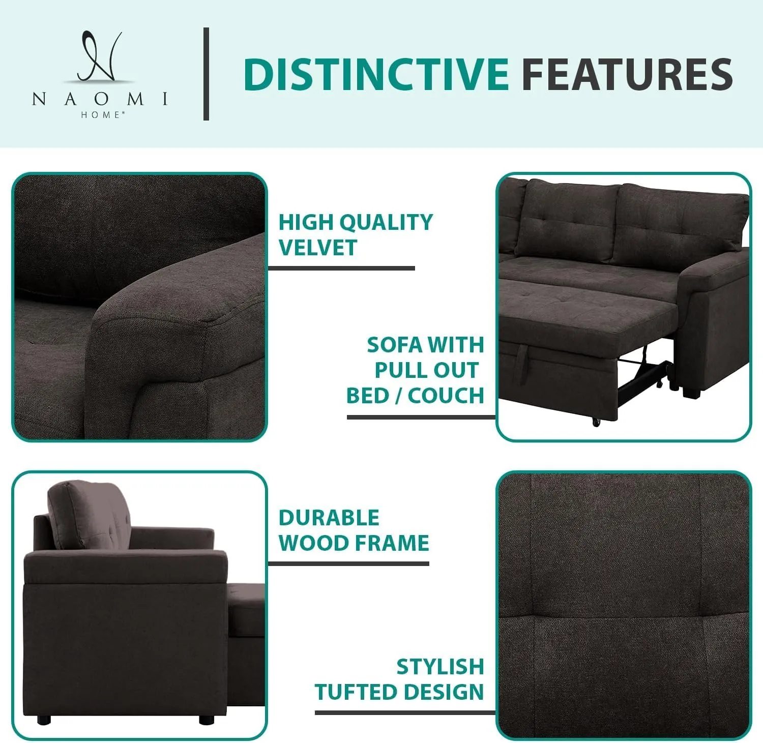 Naomi Home Jenny Tufted Sectional Sofa Sleeper with Storage Chaise Pull - Out Couch with Storage Sectional Bed L - Shaped Reversible Sleeper Sofa Storage Dark Brown Velvet