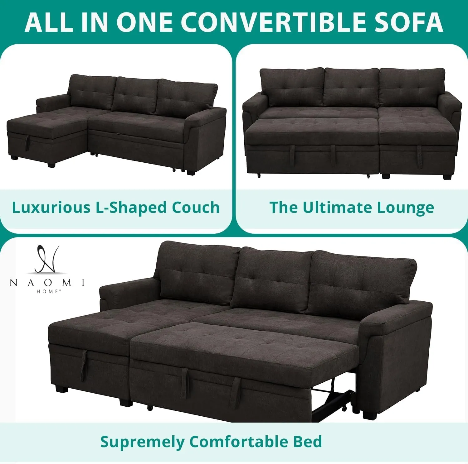 Naomi Home Jenny Tufted Sectional Sofa Sleeper with Storage Chaise Pull - Out Couch with Storage Sectional Bed L - Shaped Reversible Sleeper Sofa Storage Dark Brown Velvet