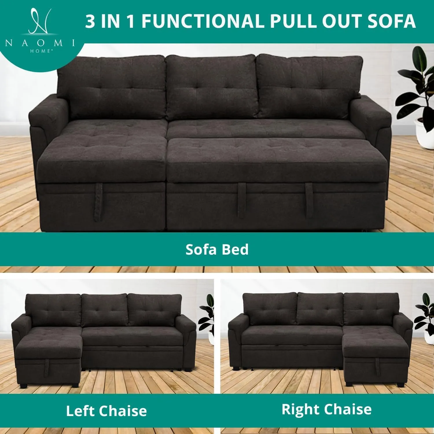 Naomi Home Jenny Tufted Sectional Sofa Sleeper with Storage Chaise Pull - Out Couch with Storage Sectional Bed L - Shaped Reversible Sleeper Sofa Storage Dark Brown Velvet