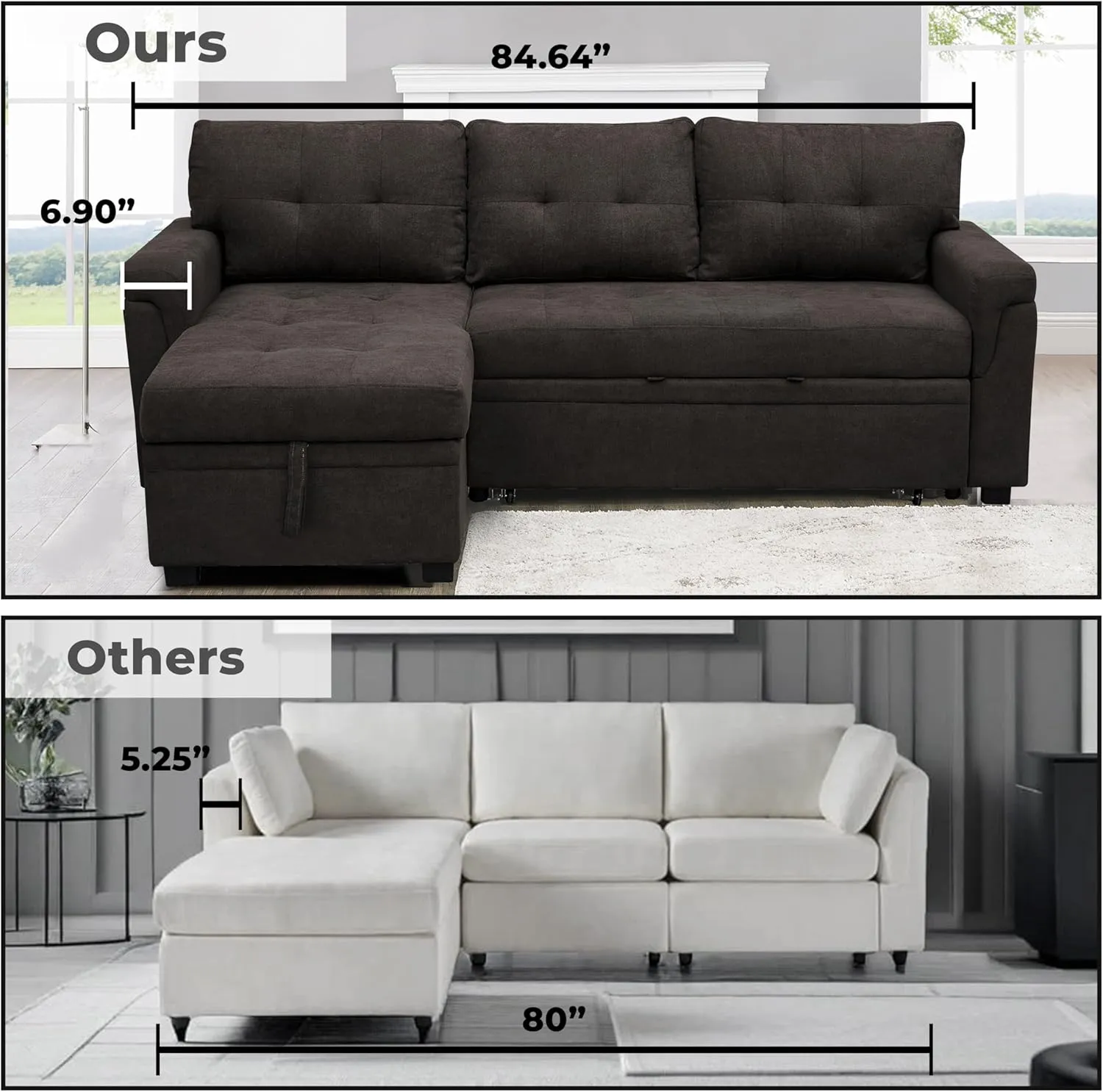 Naomi Home Jenny Tufted Sectional Sofa Sleeper with Storage Chaise Pull - Out Couch with Storage Sectional Bed L - Shaped Reversible Sleeper Sofa Storage Dark Brown Velvet