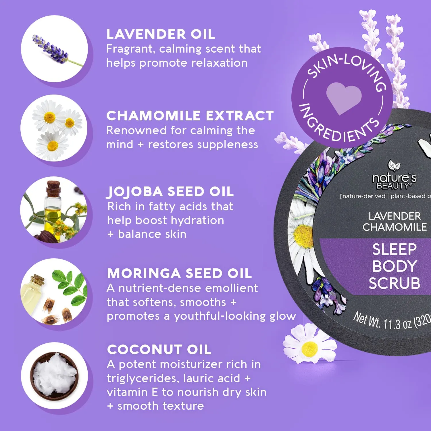 Nature's Beauty Lavender Chamomile Sleep Body Scrub Multi-Pack - Gently Exfoliate, Moisturize & Sooth Combination to Dry Skin, Made w/Coconut, Jojoba   Moringa Seed Oils, 11.3 oz (2 Pack)