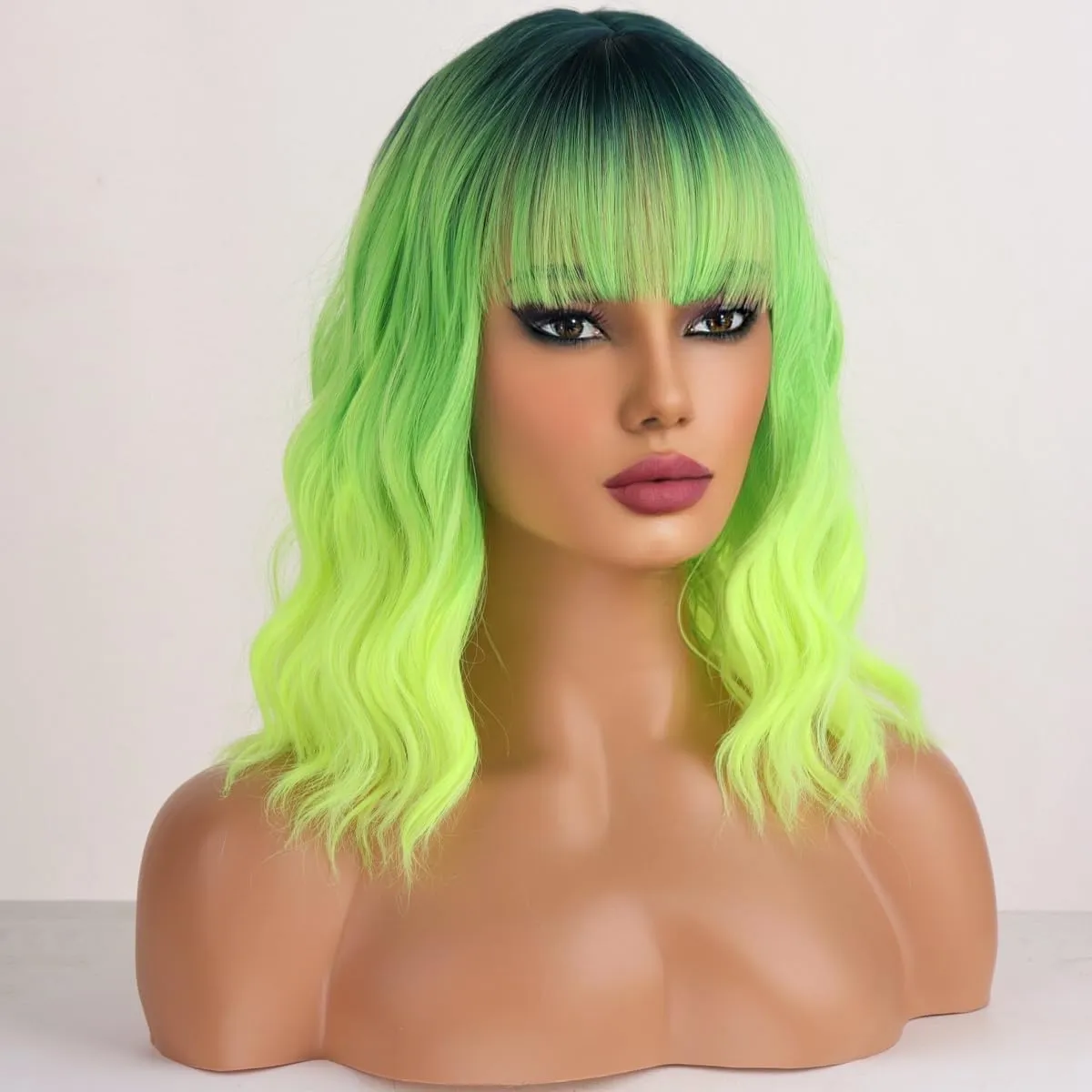 Neon Green Wigs for Women Short Curly Wavy Lime Green wig for Girls Short Bob Wig With Bangs Heat Resistant Synthetic Wigs for Cosplay Costume Party (Green Ombre Wig)