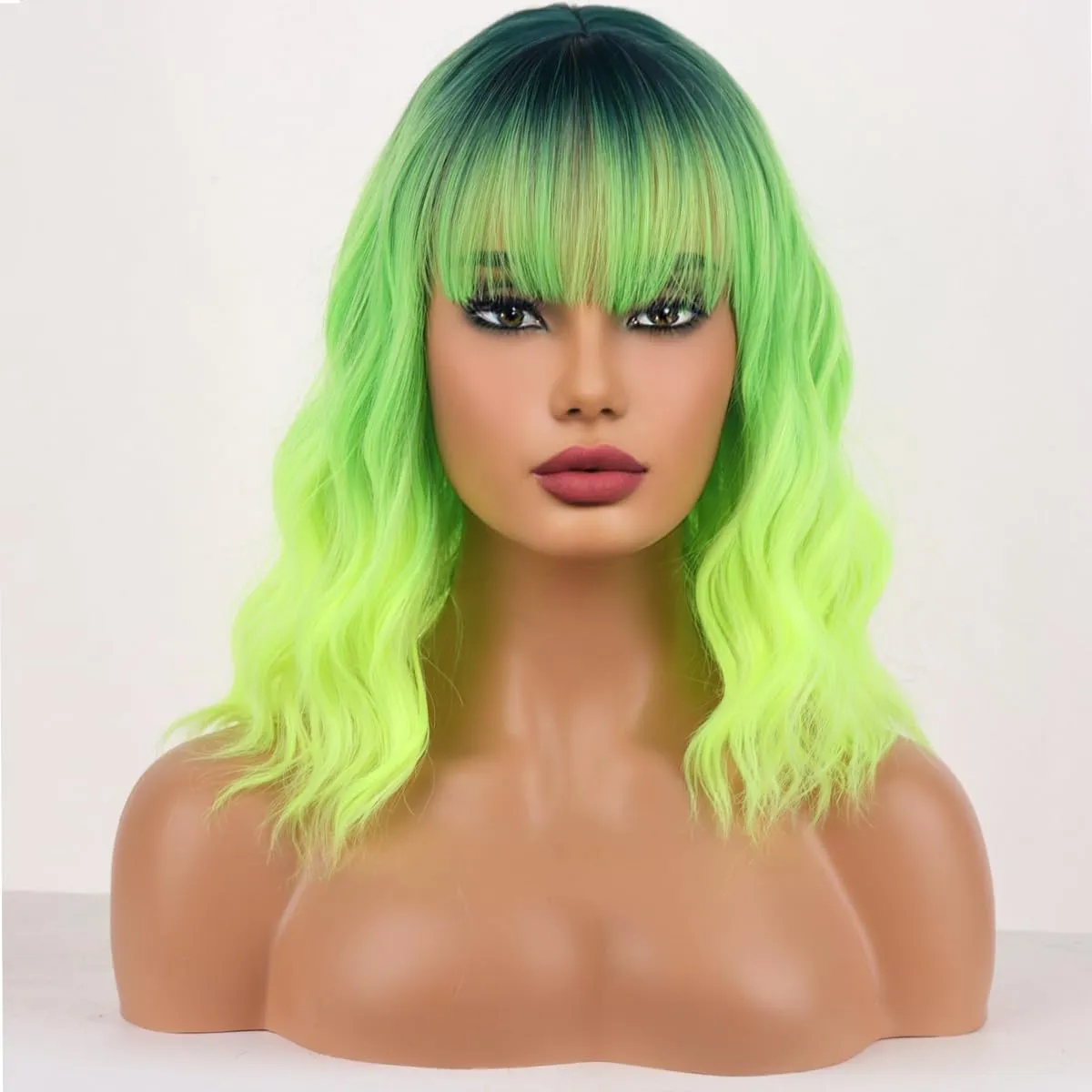 Neon Green Wigs for Women Short Curly Wavy Lime Green wig for Girls Short Bob Wig With Bangs Heat Resistant Synthetic Wigs for Cosplay Costume Party (Green Ombre Wig)
