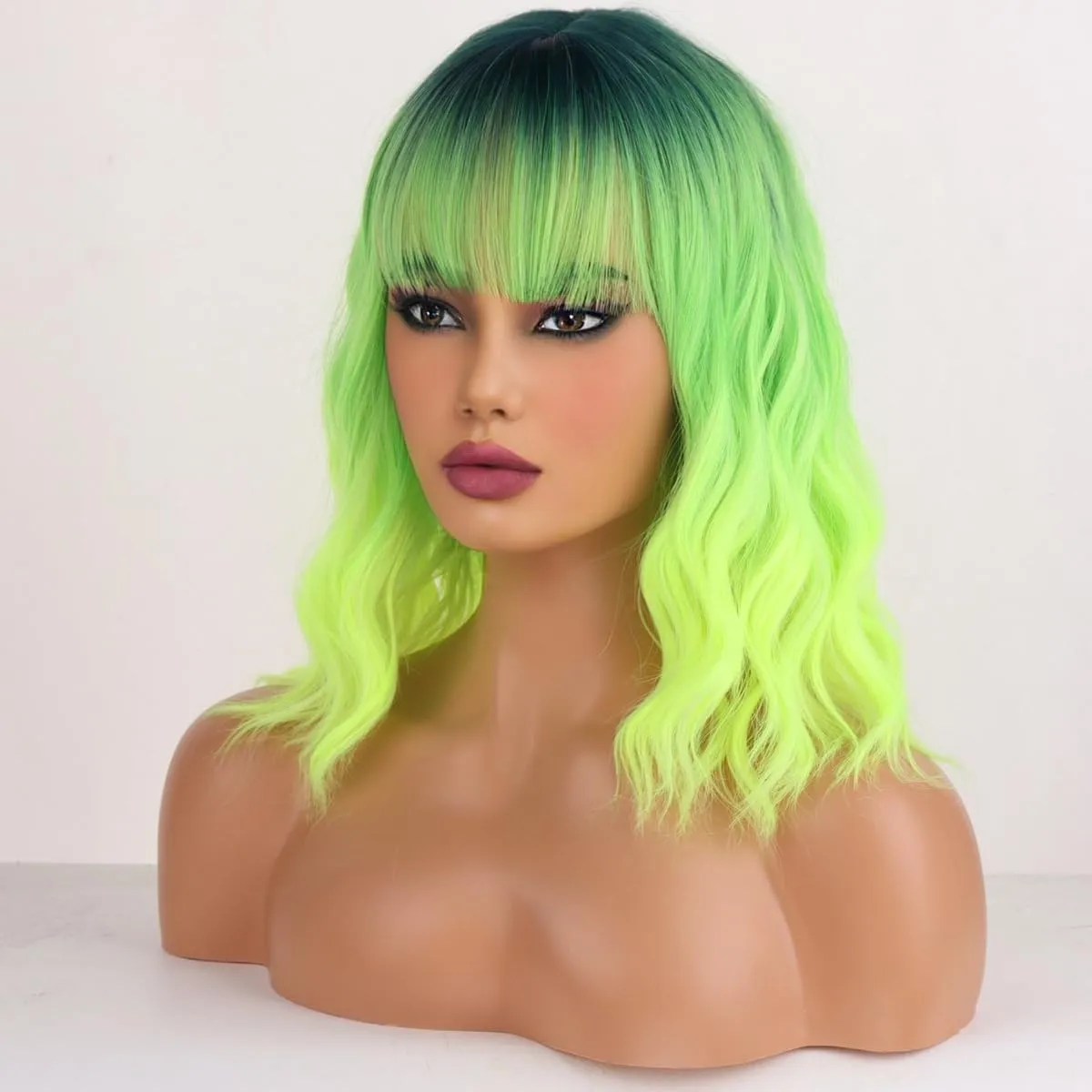 Neon Green Wigs for Women Short Curly Wavy Lime Green wig for Girls Short Bob Wig With Bangs Heat Resistant Synthetic Wigs for Cosplay Costume Party (Green Ombre Wig)