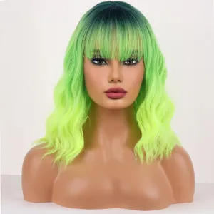 Neon Green Wigs for Women Short Curly Wavy Lime Green wig for Girls Short Bob Wig With Bangs Heat Resistant Synthetic Wigs for Cosplay Costume Party (Green Ombre Wig)