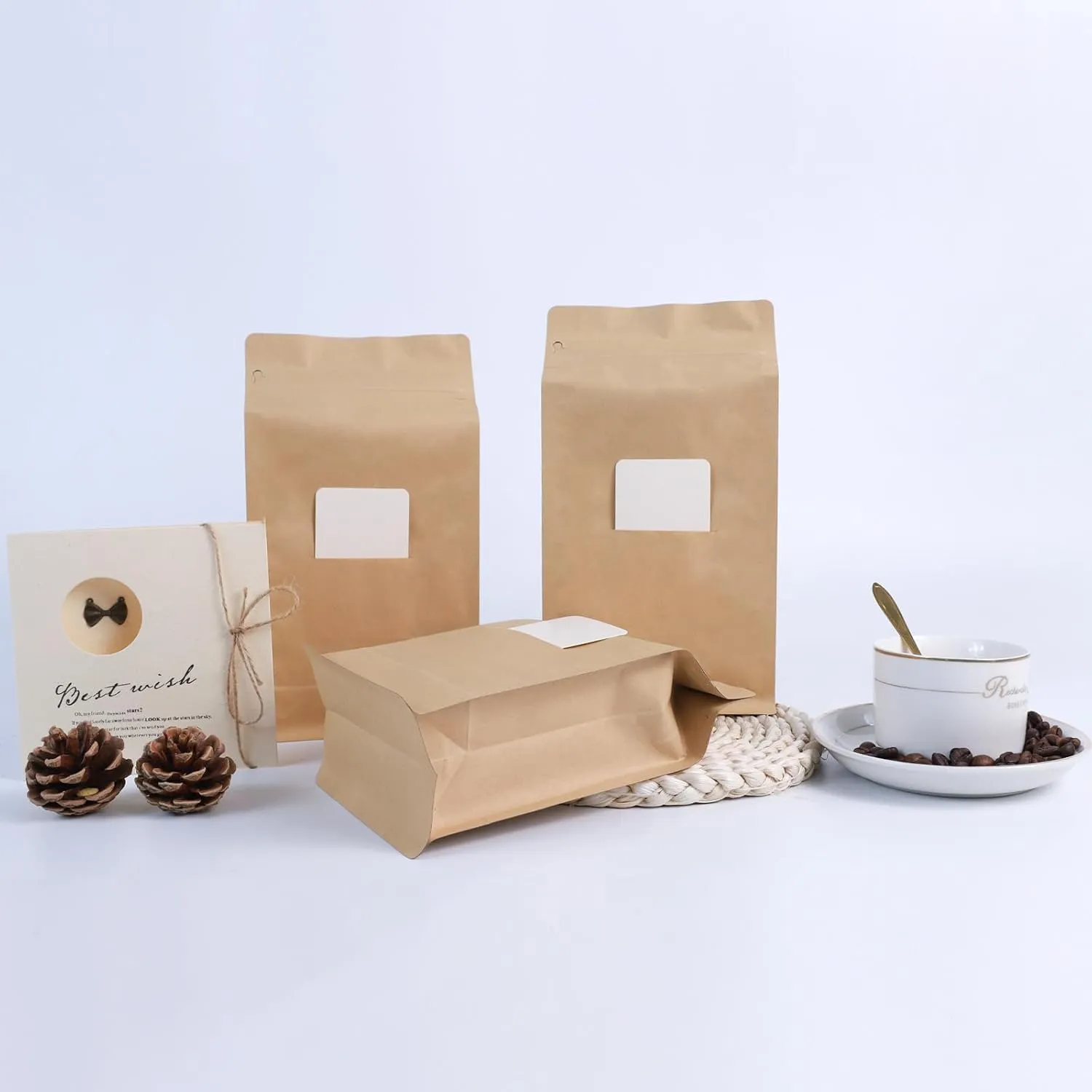 New Coffee Bags with Valve (50 PCS, 16 oz/1 lb) Kraft Paper Stand Up Pouches with Card Slot, High Barrier Aluminum Foil Flat Bottom Resealable Coffee Bean Storage Bags Heat Seal Side Zipper Pouches