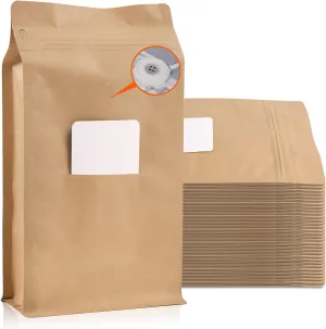 New Coffee Bags with Valve (50 PCS, 16 oz/1 lb) Kraft Paper Stand Up Pouches with Card Slot, High Barrier Aluminum Foil Flat Bottom Resealable Coffee Bean Storage Bags Heat Seal Side Zipper Pouches