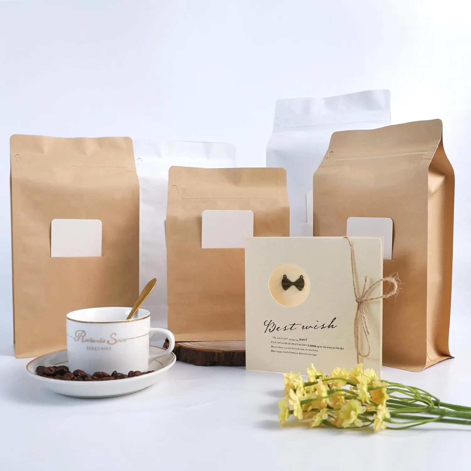 New Coffee Bags with Valve (50 PCS, 16 oz/1 lb) Kraft Paper Stand Up Pouches with Card Slot, High Barrier Aluminum Foil Flat Bottom Resealable Coffee Bean Storage Bags Heat Seal Side Zipper Pouches