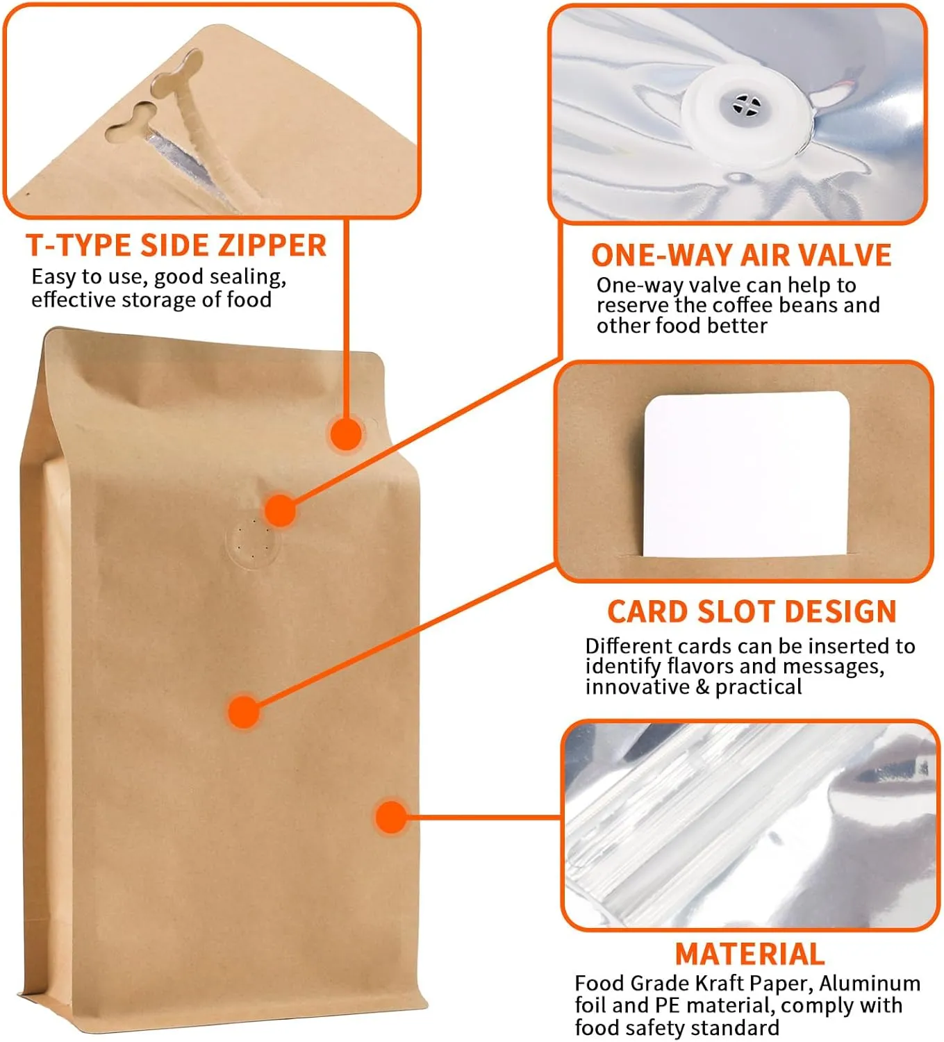 New Coffee Bags with Valve (50 PCS, 16 oz/1 lb) Kraft Paper Stand Up Pouches with Card Slot, High Barrier Aluminum Foil Flat Bottom Resealable Coffee Bean Storage Bags Heat Seal Side Zipper Pouches