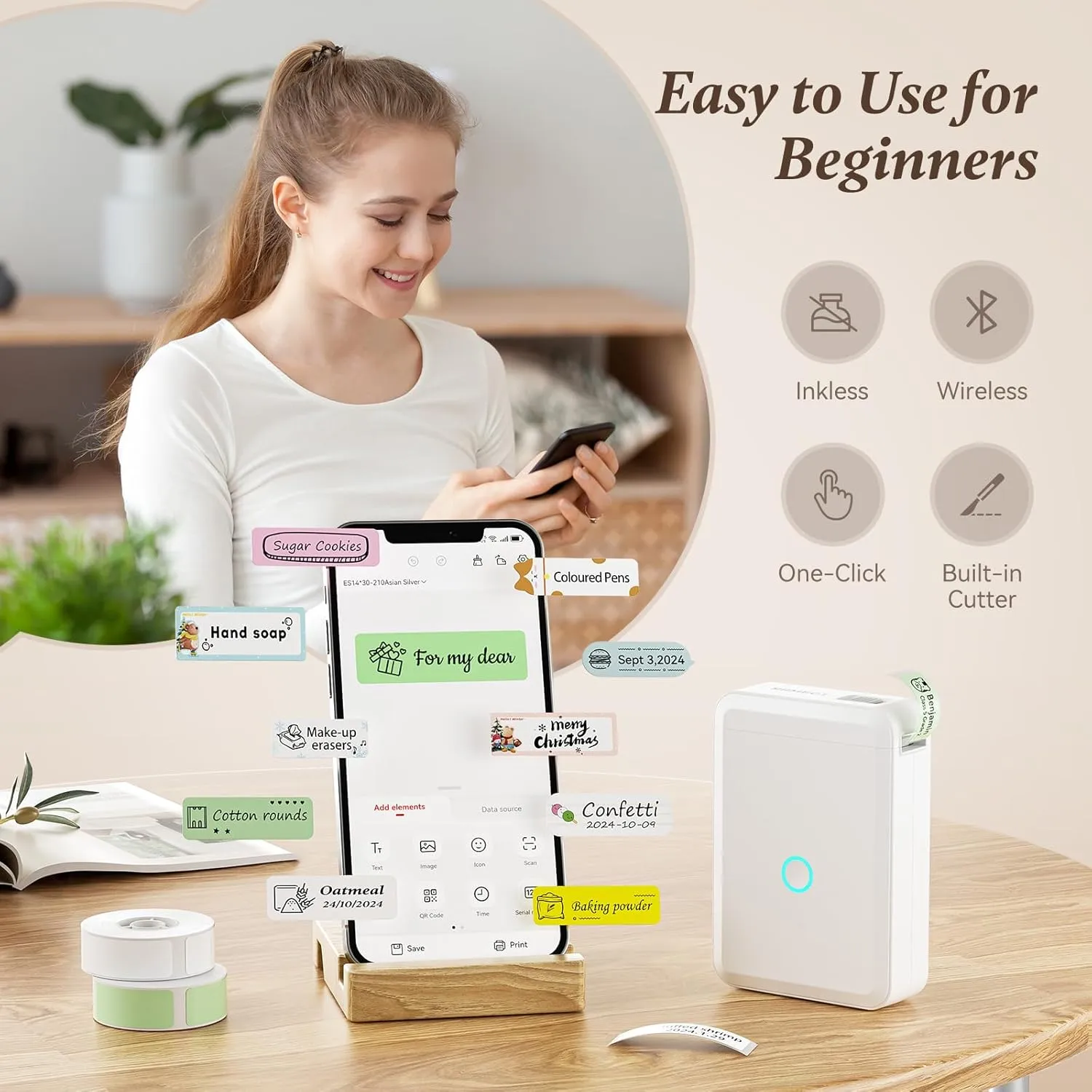 NIIMBOT D110 Label Maker Machine with Label, Small Label Printer Bluetooth Connection Multiple Templates Available for Phone Easy to Use for Office Home Organization Rechargeable White