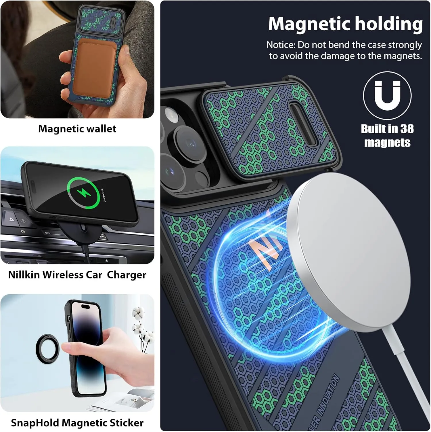 Nillkin for iPhone 14 Pro Magnetic Case with Camera Cover, Compatible with MagSafe, CamShield Pro Magnetic 14 Pro 5G Car Mount Case 6.1’’, Built-in Magnet Circle