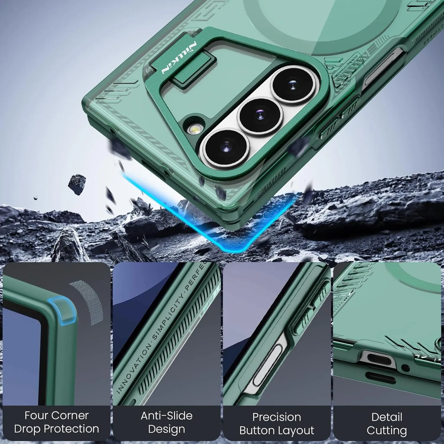 Nillkin for Samsung Galaxy Z Fold 6 Magnetic Case with Screen Protector Kickstand [Camera Stand] Eco-Friendly, Compatible with Magsafe, Biodegradable and Soft TPU Slim for Samsung Z Fold 6 5G (Green)