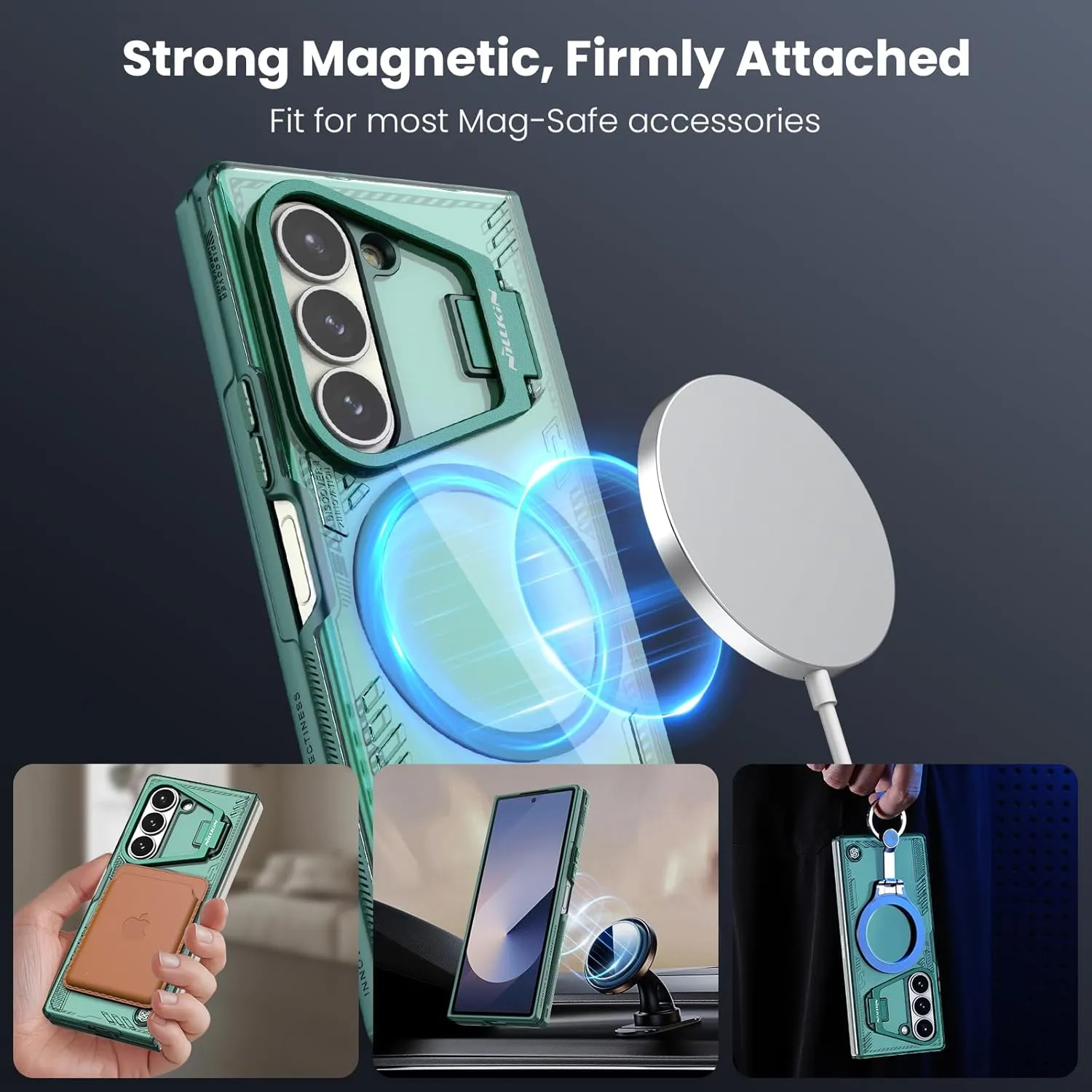 Nillkin for Samsung Galaxy Z Fold 6 Magnetic Case with Screen Protector Kickstand [Camera Stand] Eco-Friendly, Compatible with Magsafe, Biodegradable and Soft TPU Slim for Samsung Z Fold 6 5G (Green)
