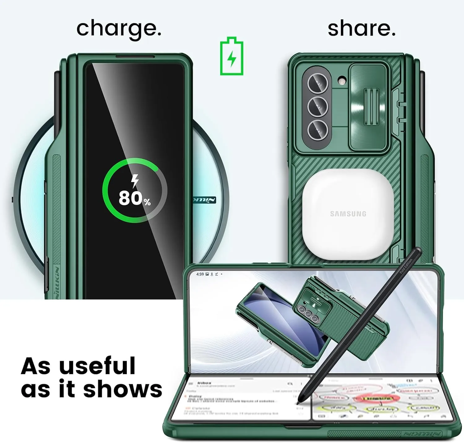Nillkin Samsung Galaxy Z Fold 5 Case with S Pen Holder & Hinge Protection [Hidden Kickstand] [Slide Camera Cover] CamShield Pro Slim Protective Case for Galaxy Z Fold 5 5G (Dark Green)