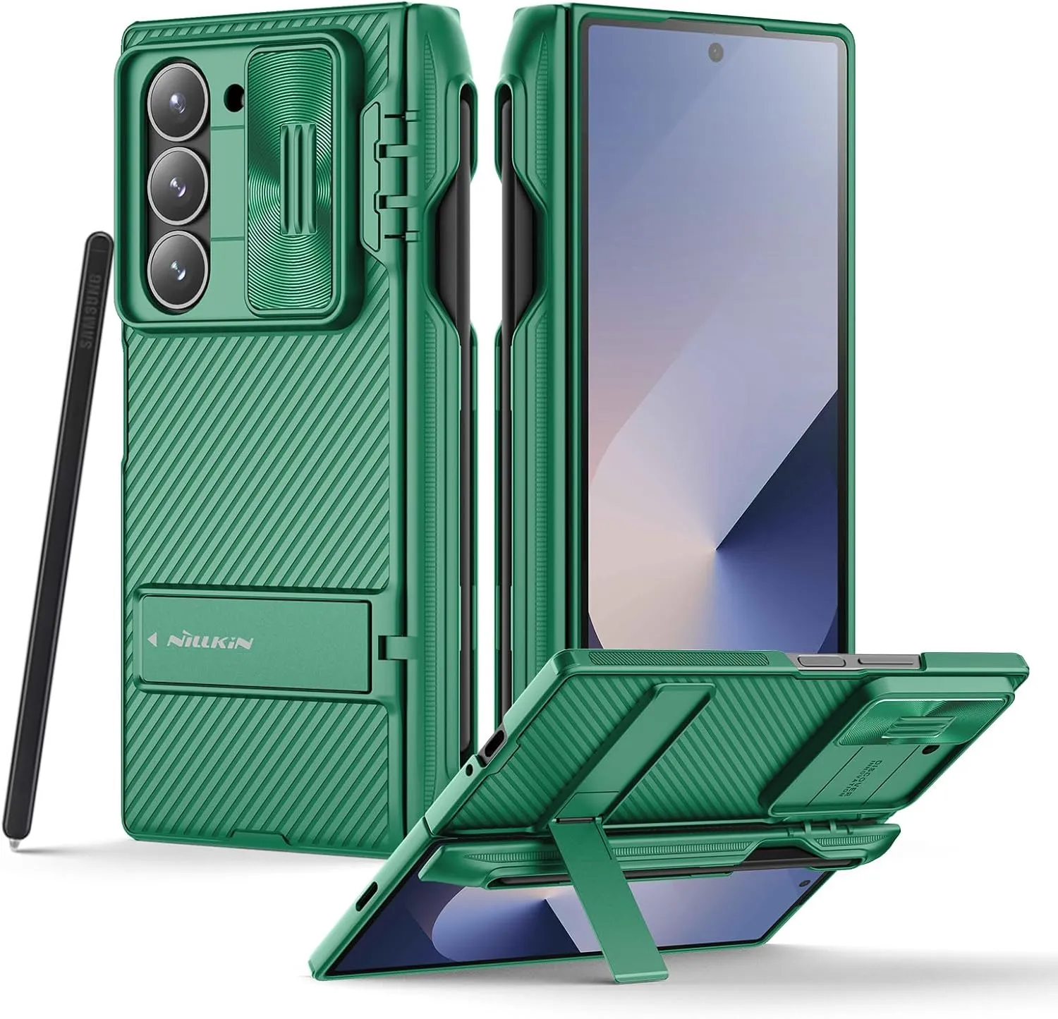 Nillkin Samsung Galaxy Z Fold 6 Case with S Pen Holder & Hinge Protection [Hidden Kickstand] [Slide Camera Cover] CamShield Pro Slim Protective Case for Galaxy Z Fold 6 5G (Dark Green)