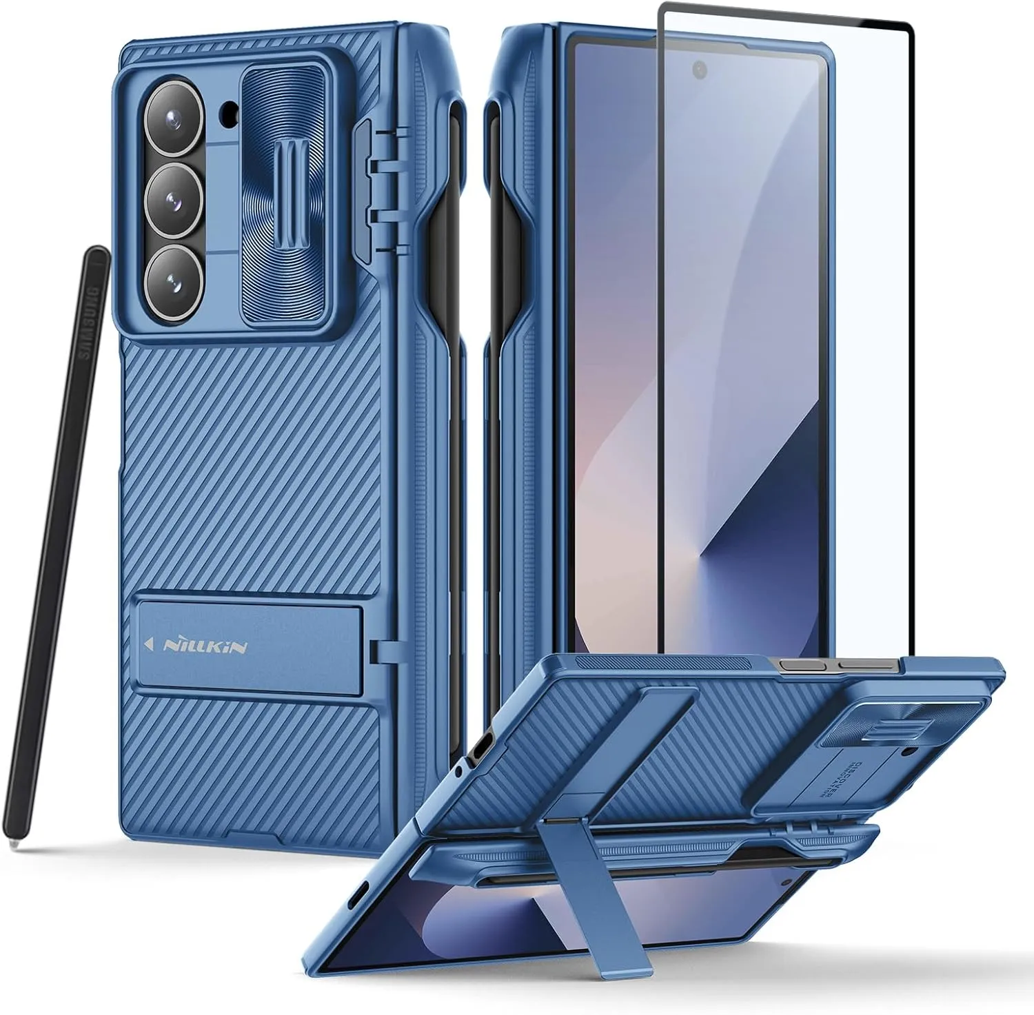 Nillkin Samsung Galaxy Z Fold 6 Case with S Pen Holder & Hinge Protection [Screen Protector] [Kickstand] [Slide Camera Cover] CamShield Pro Slim Protective Case for Galaxy Z Fold 6 5G (Deep Blue)